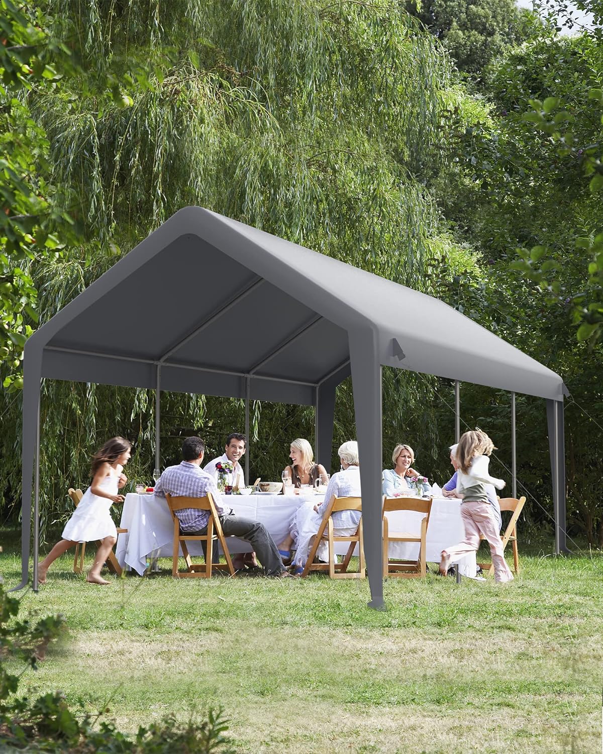 DEXSO Carport – Garaje portátil resistente de 13 x 20 pies, postes de acero de 0.039 pulgadas y toldo impermeable de polietileno de 6.35 onzas, con