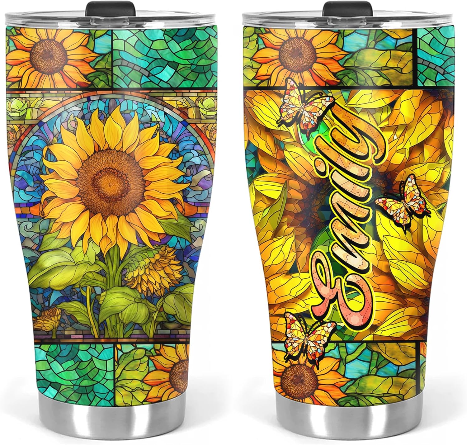 La Fonte Vaso de girasol personalizado, vaso temático de vidrieras de girasol, taza de café para amantes de los girasoles, taza de viaje de girasol,