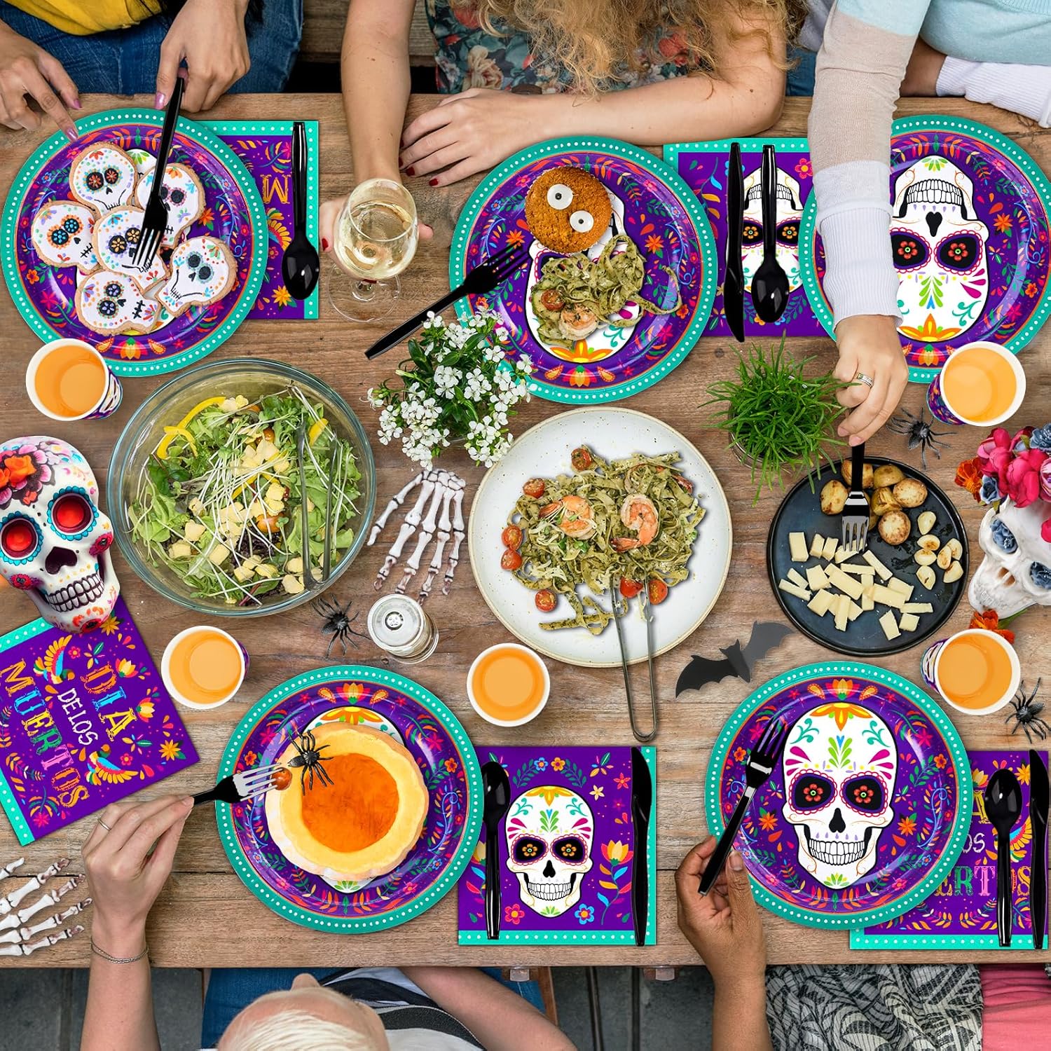 DYLIVeS Suministros para fiesta del Día de los Muertos, platos y servilletas del Día de los Muertos, cubertería y calavera de azúcar, vajilla