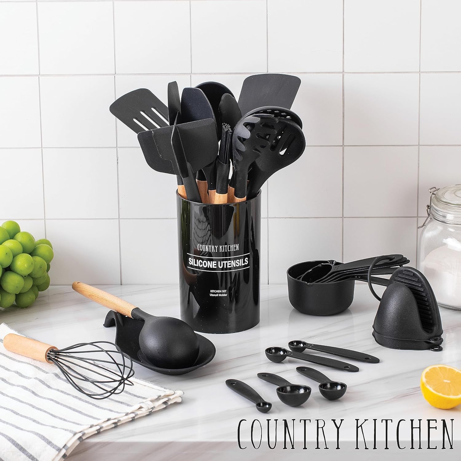 Country Kitchen Juego de utensilios de cocina  Juego de 38 espátulas de silicona antiadherentes con soporte, asas de madera y utensilios resistentes