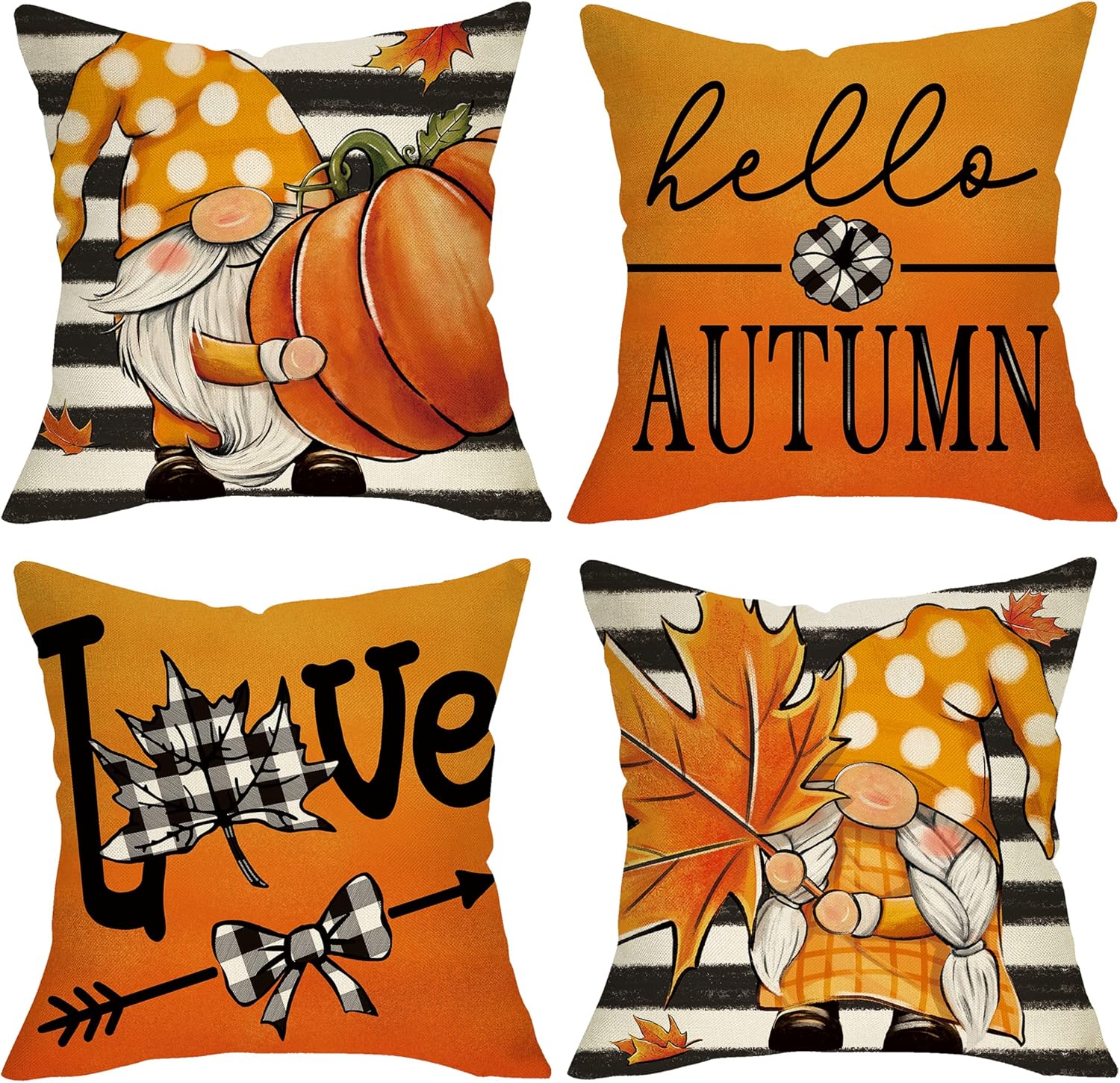 Juego de 4 fundas de almohada decorativas de otoño con diseño de hojas de arce y calabaza de 20 x 20 pulgadas, diseño de gnomo con diseño de rayas