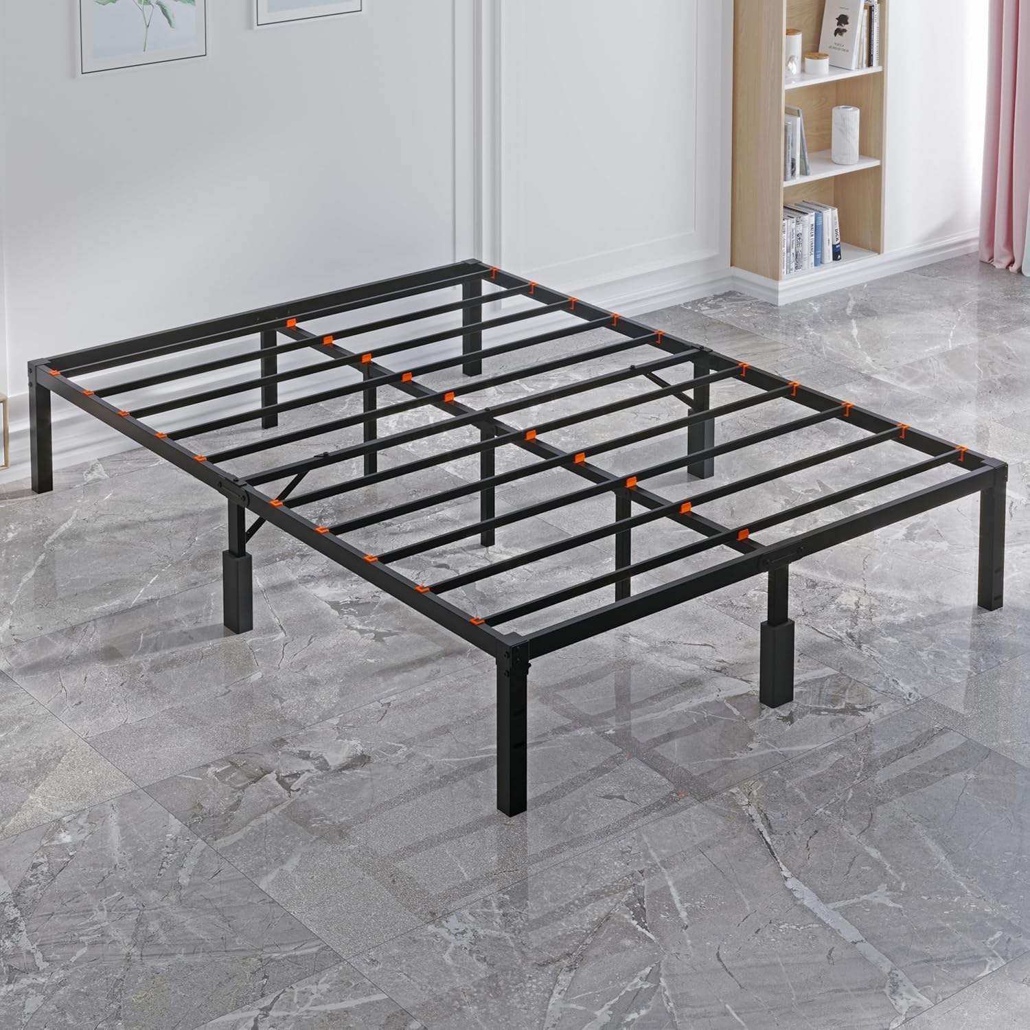 Base de cama Queen de 14 pulgadas, no necesita somier, base de cama de plataforma tamaño Queen con protectores para los dedos, fácil montaje, sin