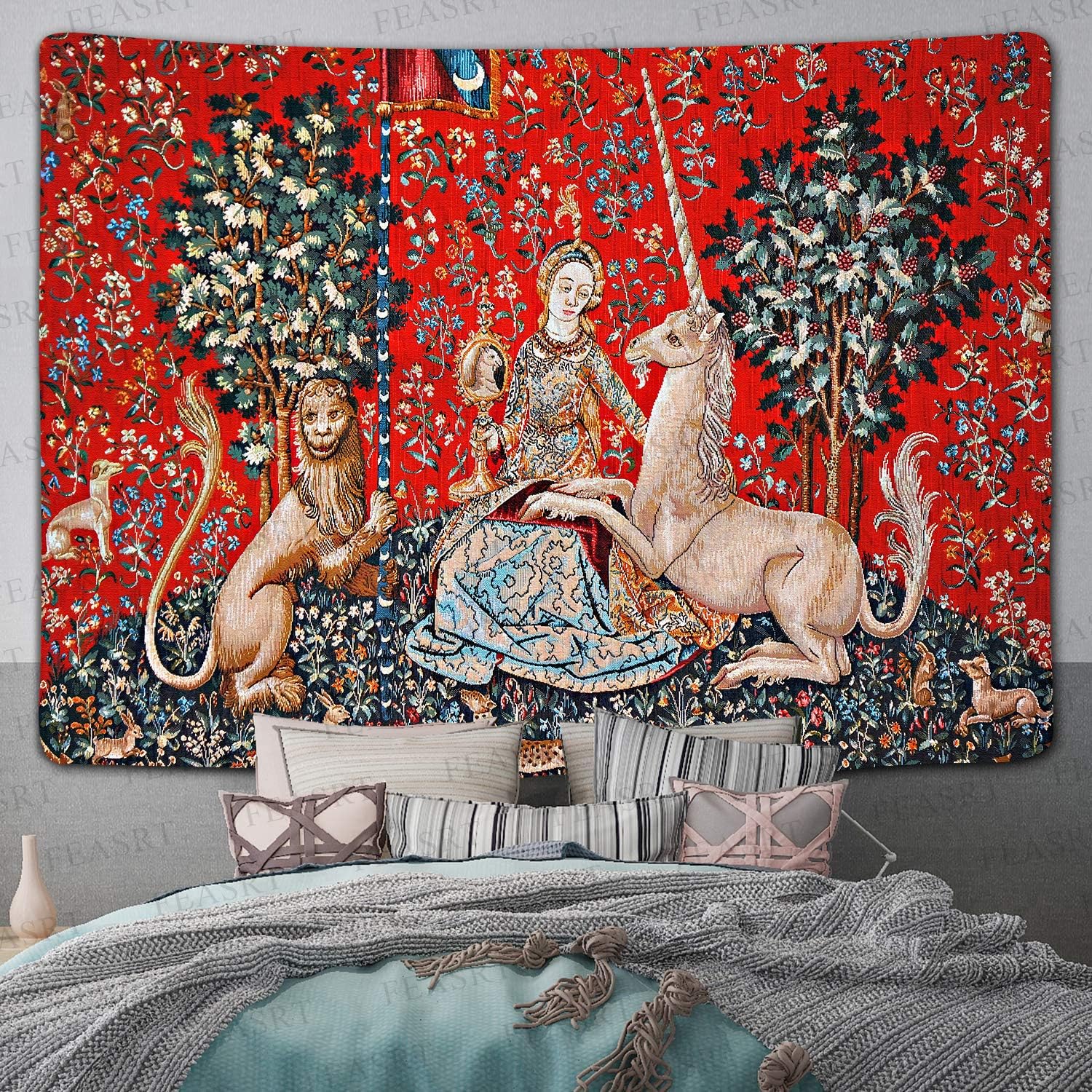 FEASRT Tapiz medieval de princesa europeo, tapiz real de La doncella y el unicornio, 80 x 60 pulgadas, para dormitorio, sala de estar, dormitorio,