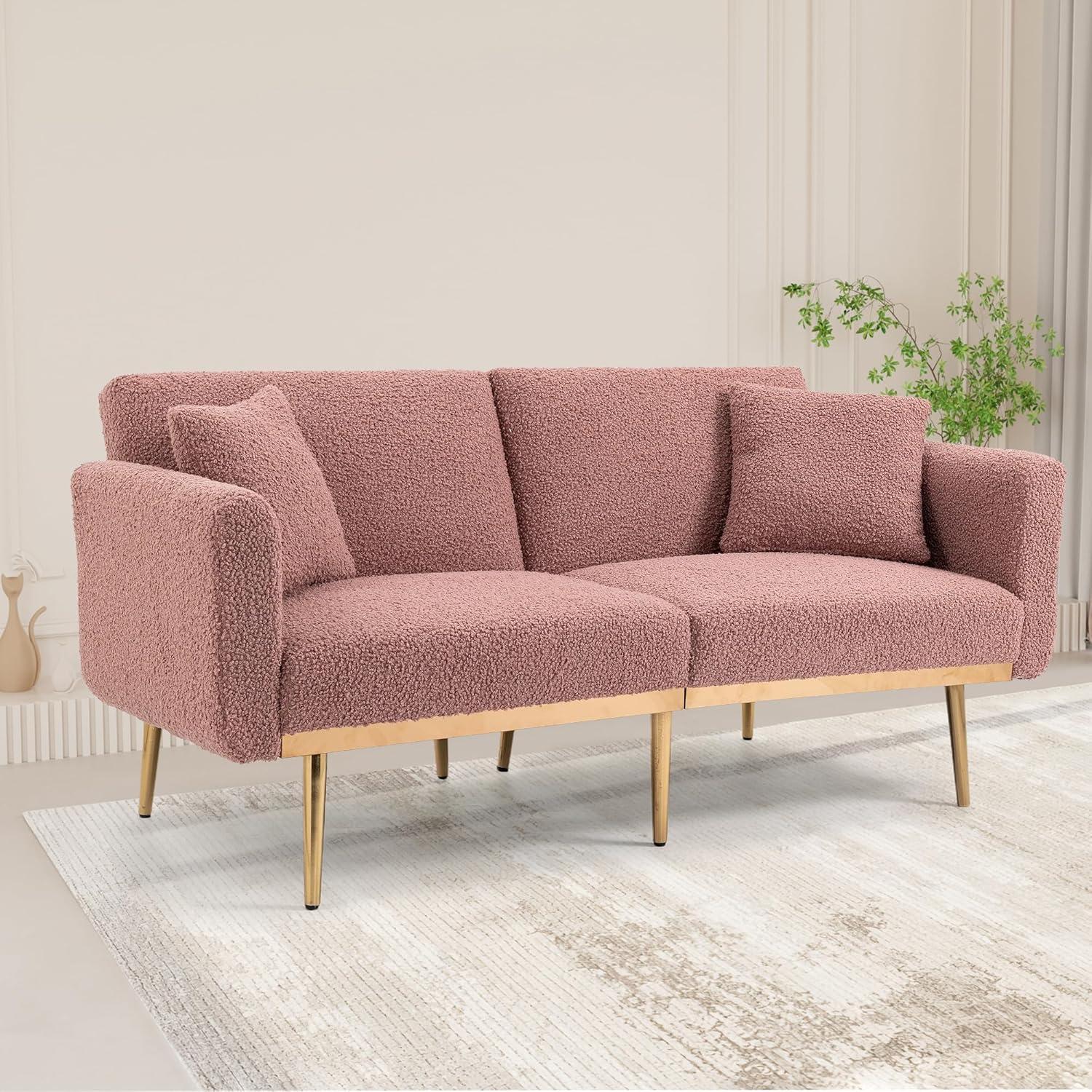 Kakotito Sofá biplaza de terciopelo moderno de mediados de siglo, sofá pequeño con 7 patas de metal dorado (peluche rosa cepillado)