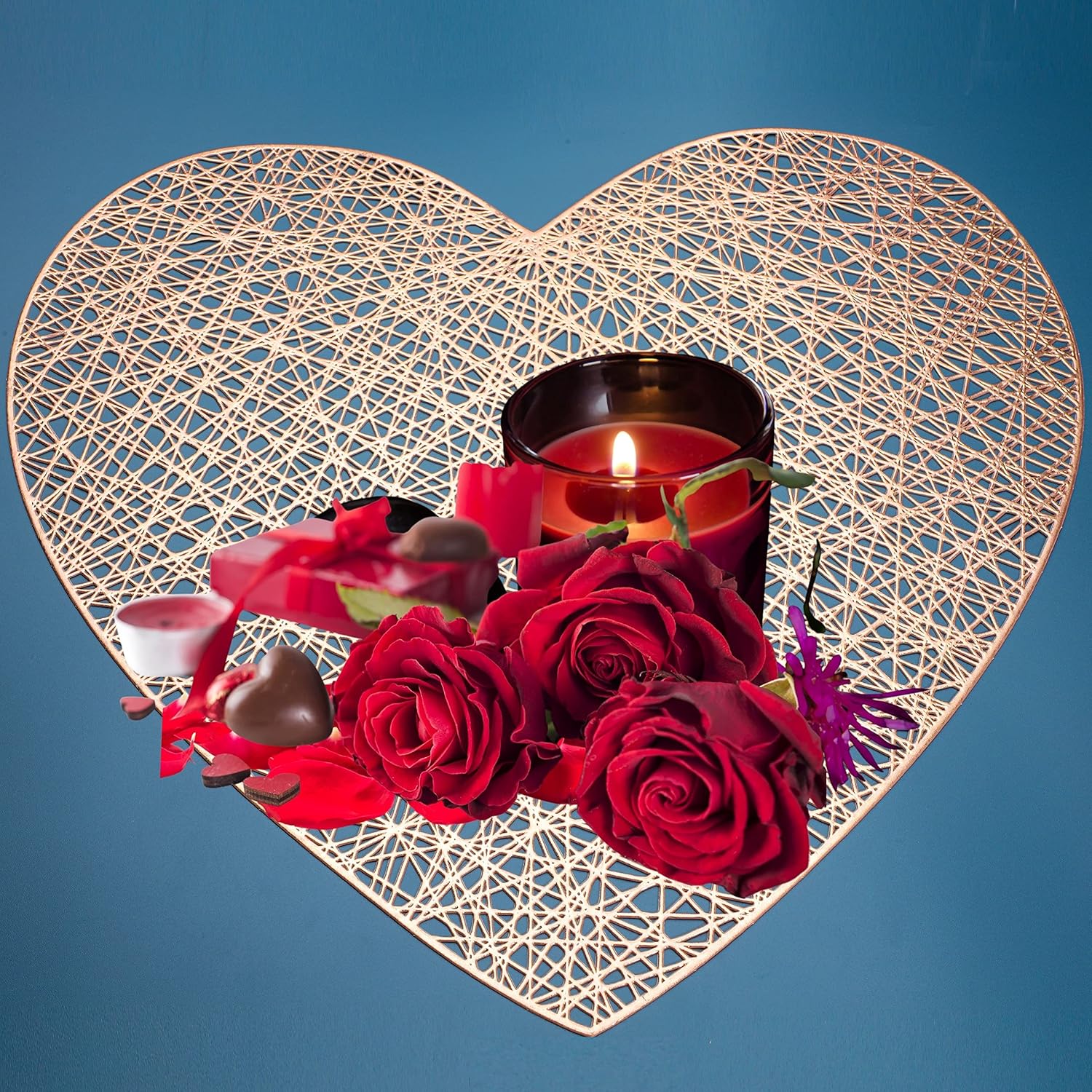 Juego de 6 manteles individuales de corazón y posavasos a juego, color oro rosa, decoración de mesa para el día de San Valentín, para boda, noche