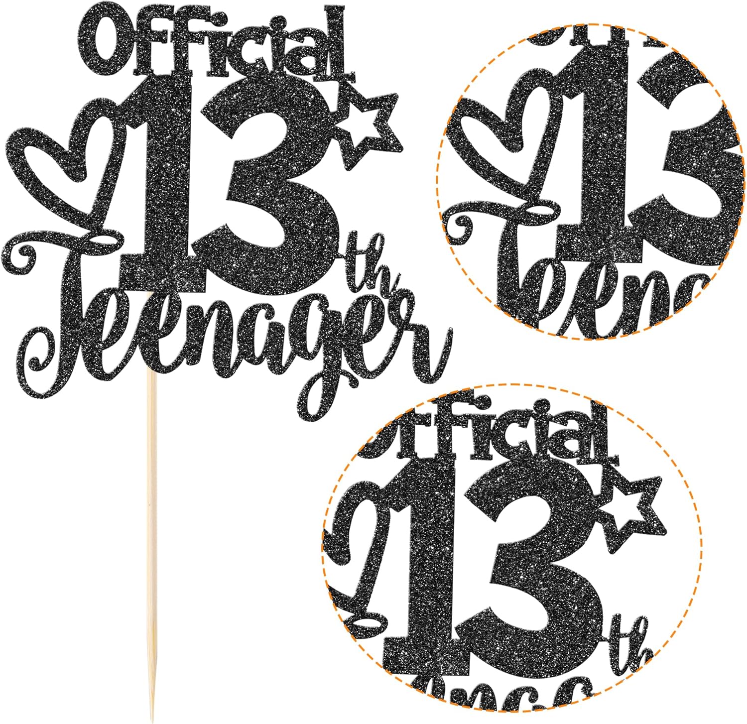 Rsstarxi 1 paquete de 13 decoraciones oficiales para tartas de adolescentes con purpurina negra para decoración de pastel de cumpleaños de 13 años,