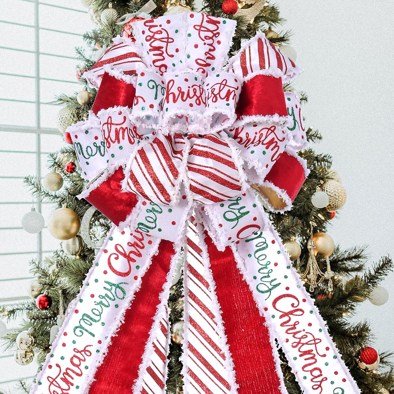 Decoración para árbol de Navidad, lazo de corona de Navidad, 45 x 12 pulgadas, arpillera grande con borde de poliéster blanco y rojo, lazo de regalo