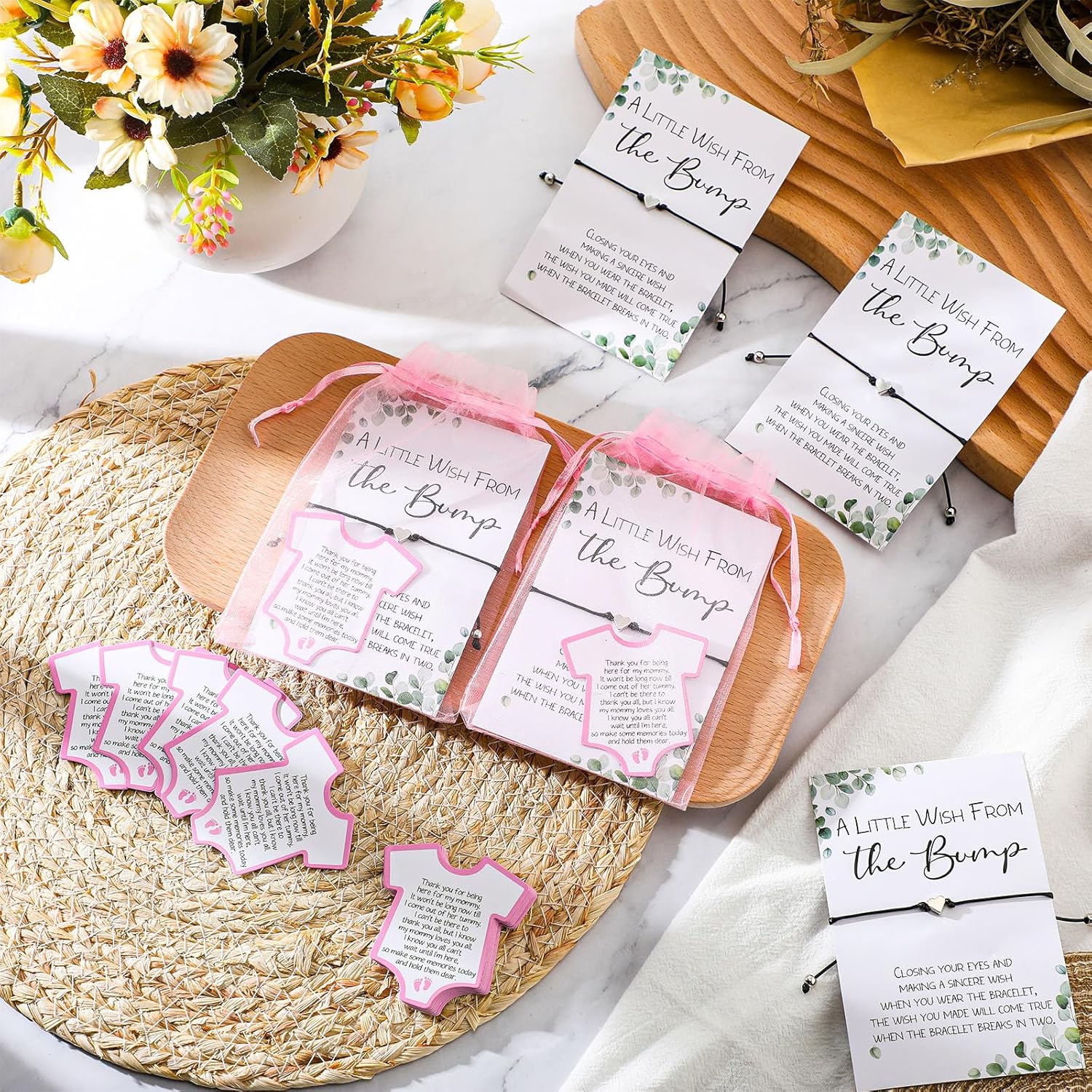 25 juegos de regalos de fiesta de baby shower para invitados, 25 pulseras de baby shower, pulseras de deseos con dije de corazón, 25 tarjetas de