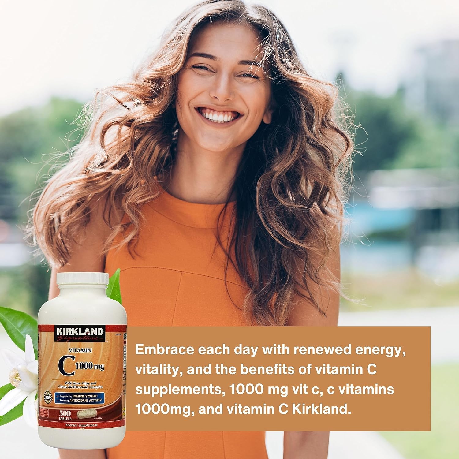 Worldwide Nutrition Bundle Kirkland Vitamina C con Rose HIPS y complejo de bioflavonoides cítricos (vitamina C 1000 mg)  500 tabletas de suplemento