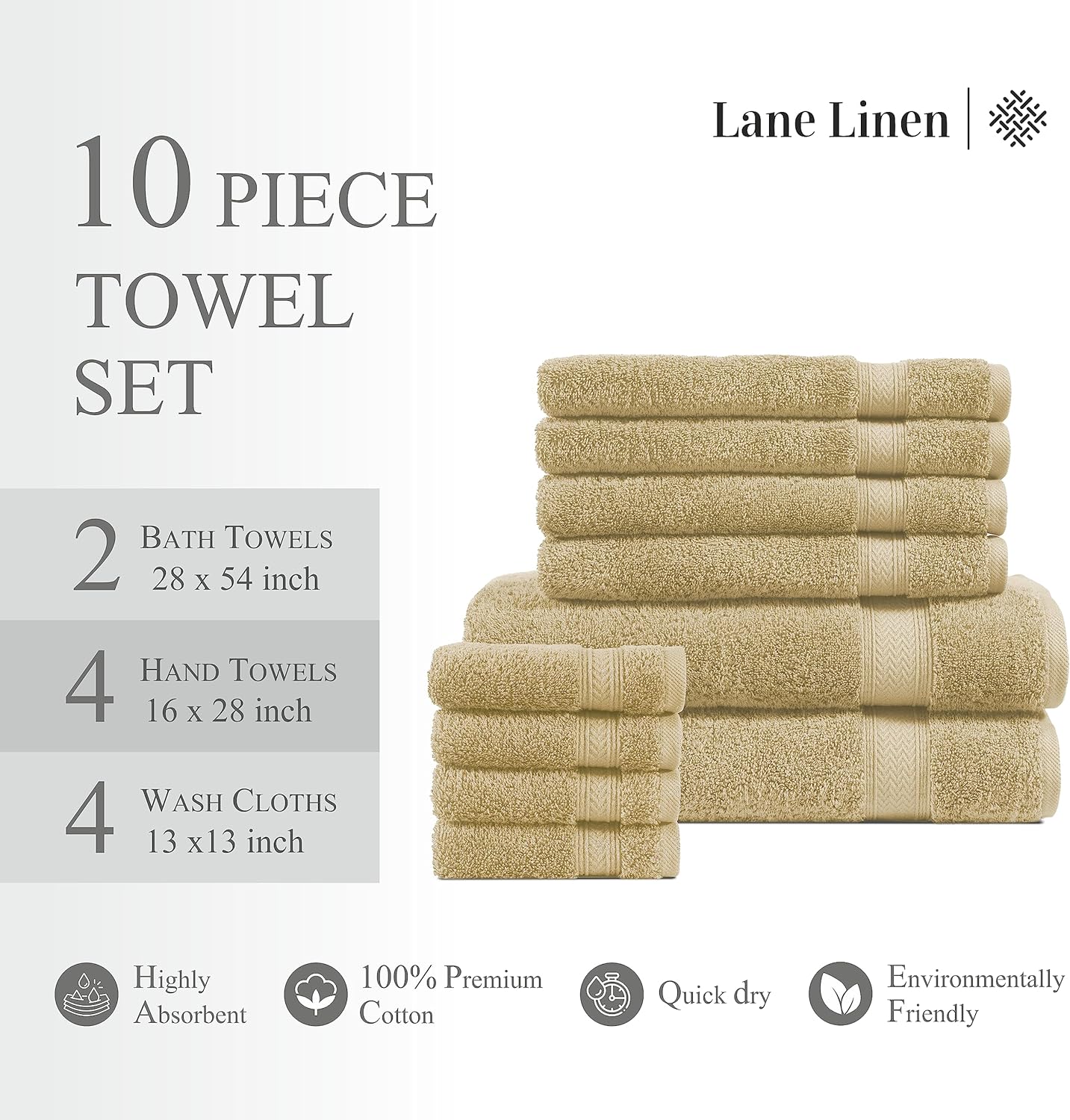 LANE LINEN – Juego de 10toallas de 100% algodón, 2toallas grandes, 4toallas de mano suaves, 4toallitas para el cuerpo, calidad de hotel, de secado