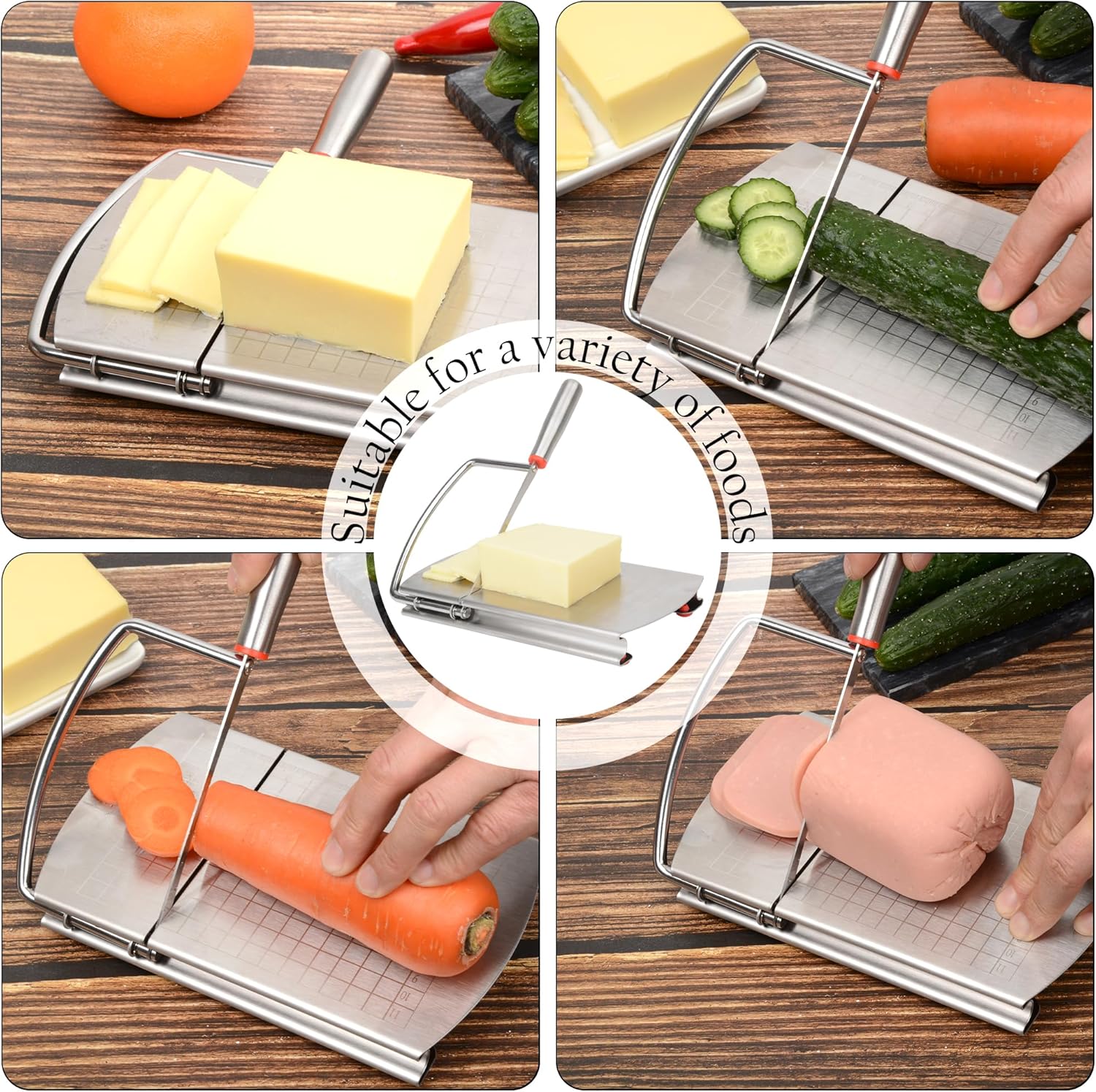 Cortador de queso de acero inoxidable, cortador de queso multiusos con cuchillas para bloque de mantequilla de queso, verduras, salchichas, hierbas