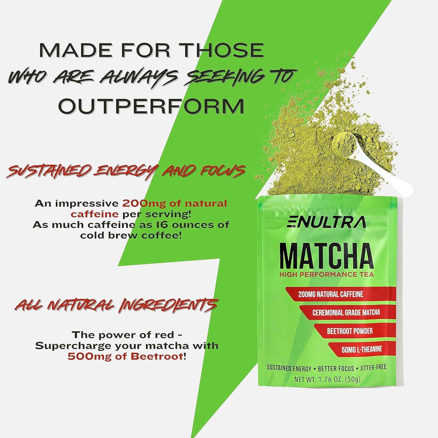 ENULTRA Té Matcha con alto contenido de cafeína, té de energía natural con remolacha, polvo de té verde matcha de grado ceremonial, 200 mg de