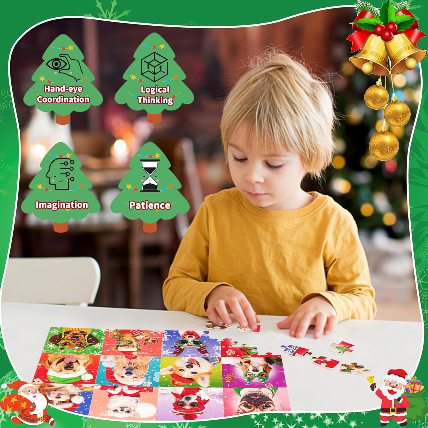 Rompecabezas para niños de 4 a 8 años, 3 a 5, 8 a 10 años, rompecabezas de Navidad de 100 piezas para niños, perros de Navidad, rompecabezas