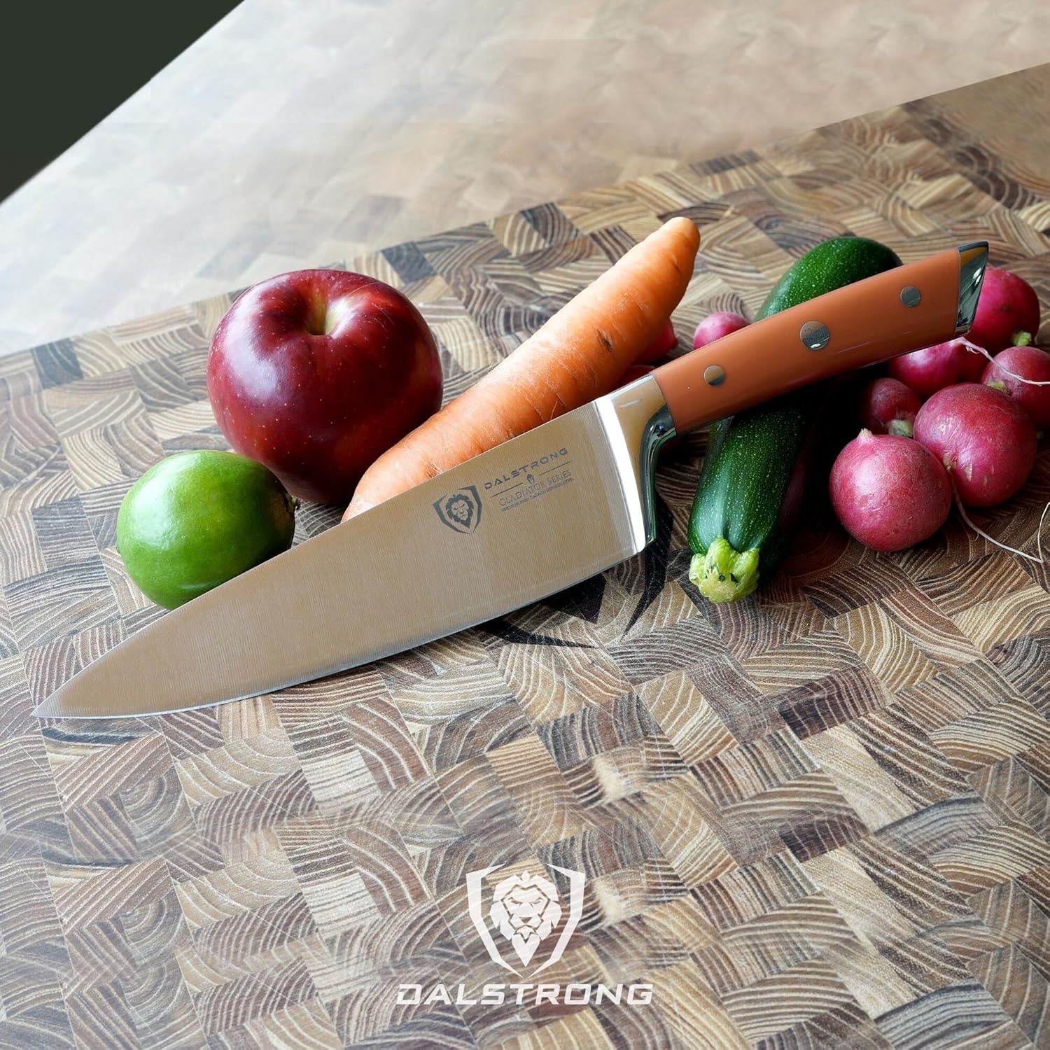 Dalstrong Cuchillo de chef  8 pulgadas  Serie Gladiator  Acero alemán forjado de alto carbono  Mango de ABS naranja  Cuchillo de cocina de espiga