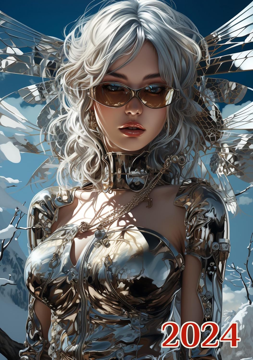 Calendario de pared 2024 12 páginas de 8 x 12 pulgadas Sexy e intimidante mujeres con alas majestuosas y trajes de lujo, póster de ilustración de