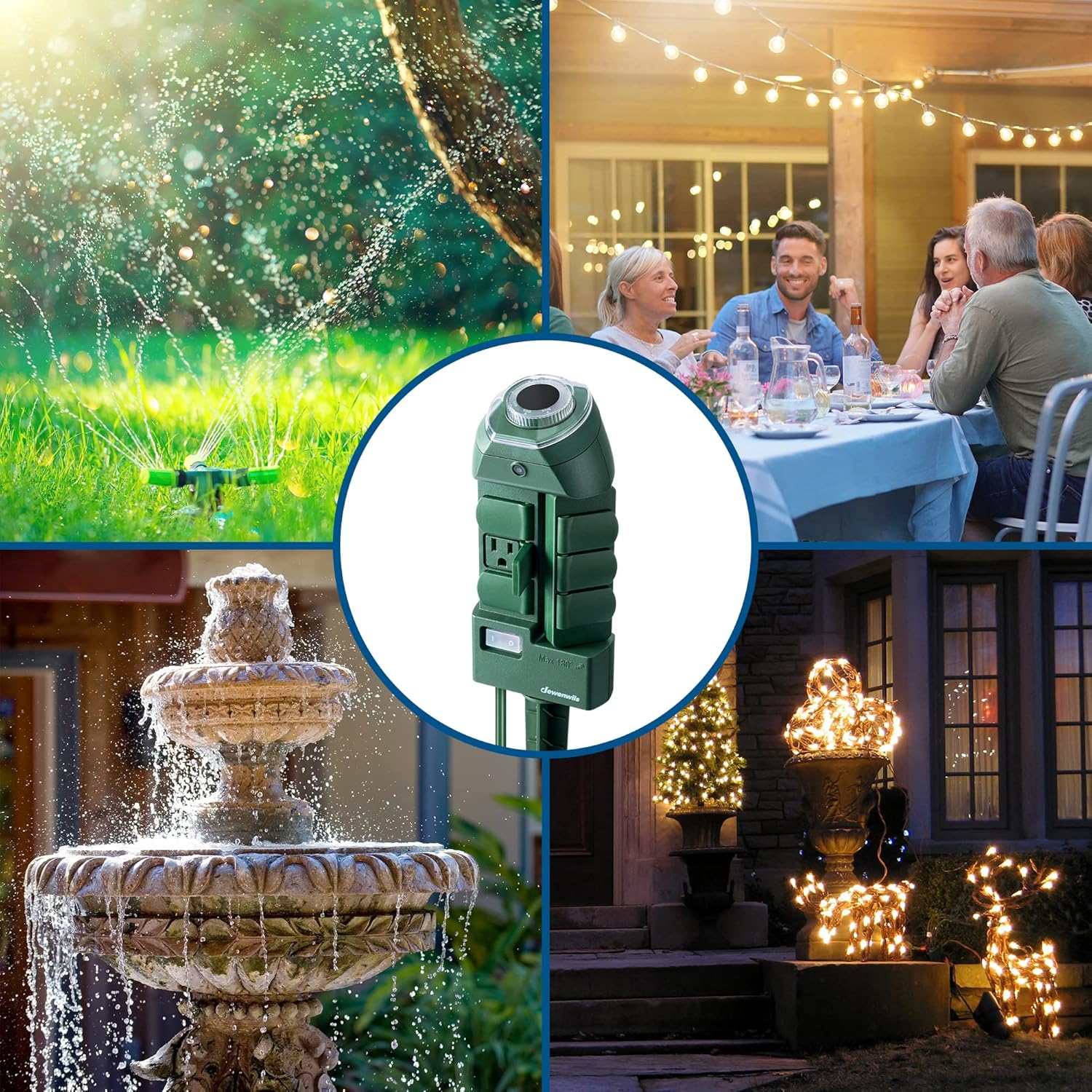 DEWENWILS Temporizador de regleta de alimentación para exteriores con fotocélula, temporizador de estaca de patio del atardecer al amanecer,