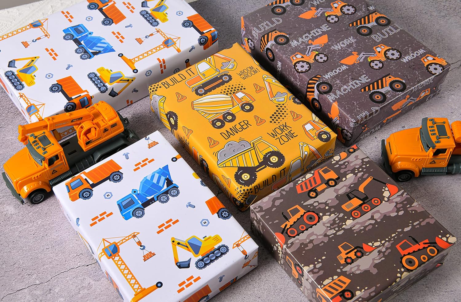 Sikiweiter Papel de regalo de construcción, 12 hojas de papel de regalo de construcción para cumpleaños con camiones, 19.7 x 27.6 pulgadas por hoja