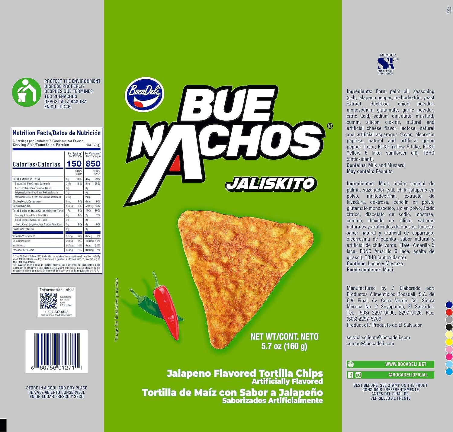 Bocadeli BueNachos Jaliskito, chips de tortilla con sabor a jalapeño, aperitivos, 5.7 onzas (paquete de 1)