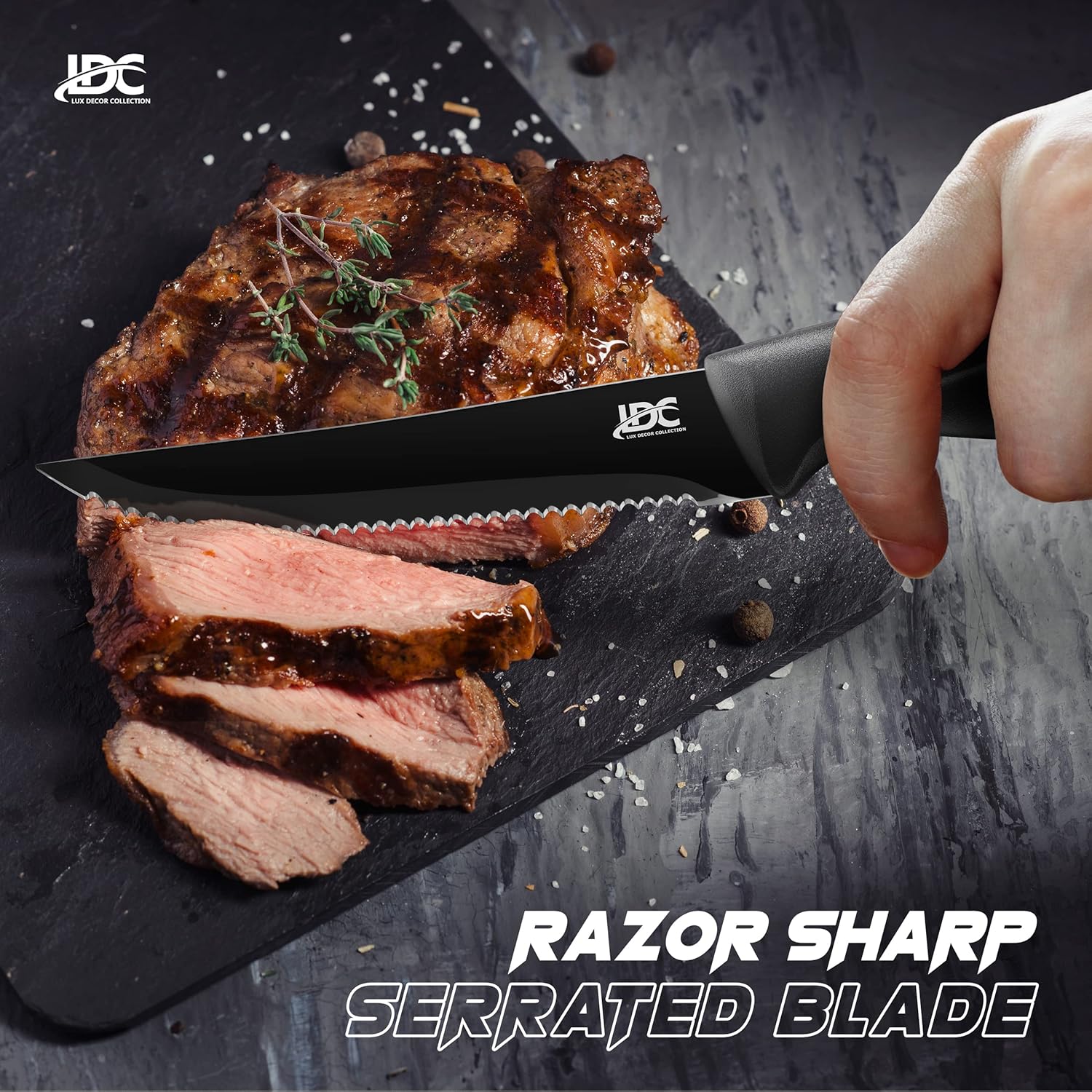 LUX Décor – Juego de 8 cuchillos para carne, elegantes cuchillos dentados negros ultra afilados, aptos para lavavajillas, juego de cuchillos para