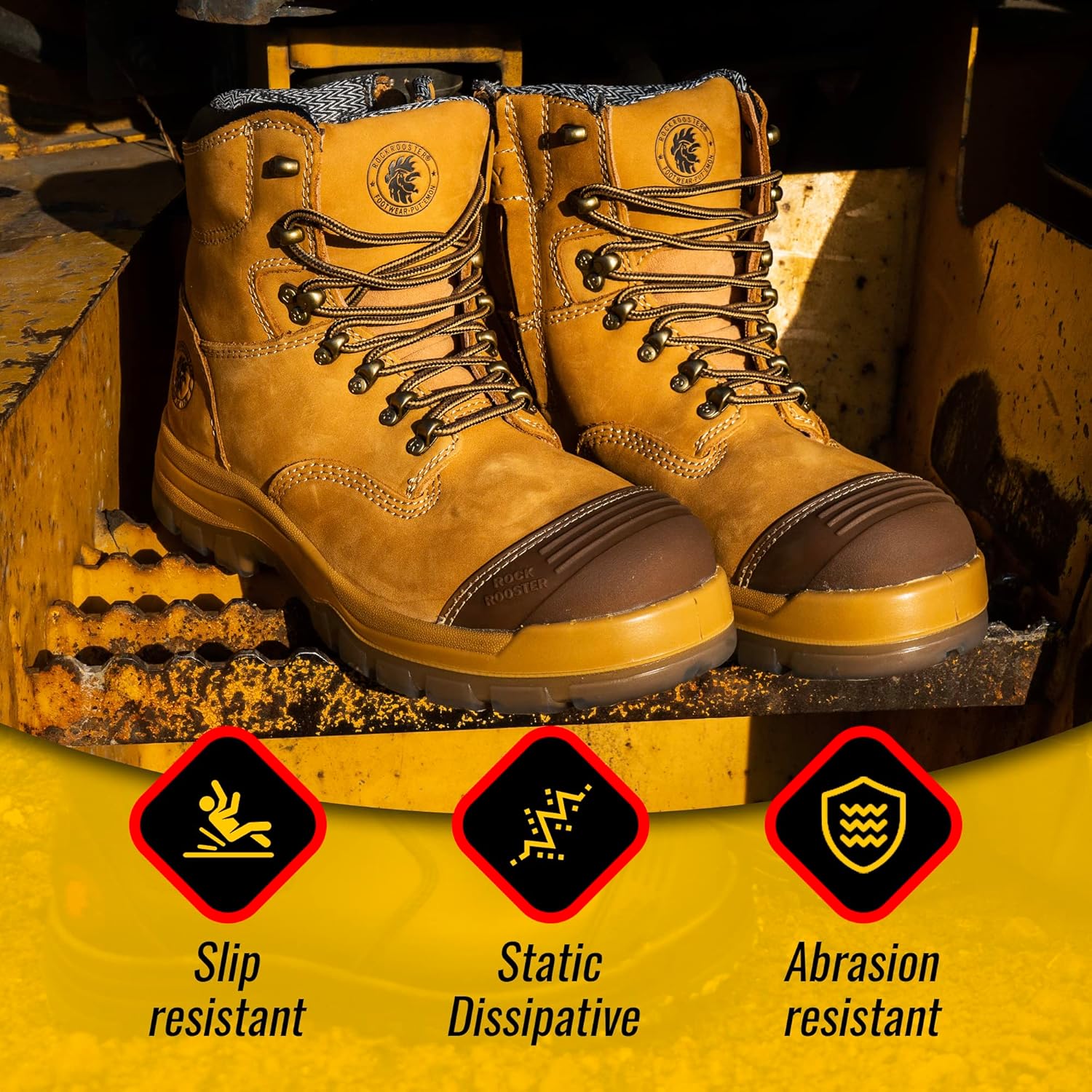 ROCKROOSTER Botas de trabajo para hombre, 7 pulgadas, punta de acero, cremallera lateral, zapatos de cuero aceitado de seguridad antideslizantes,
