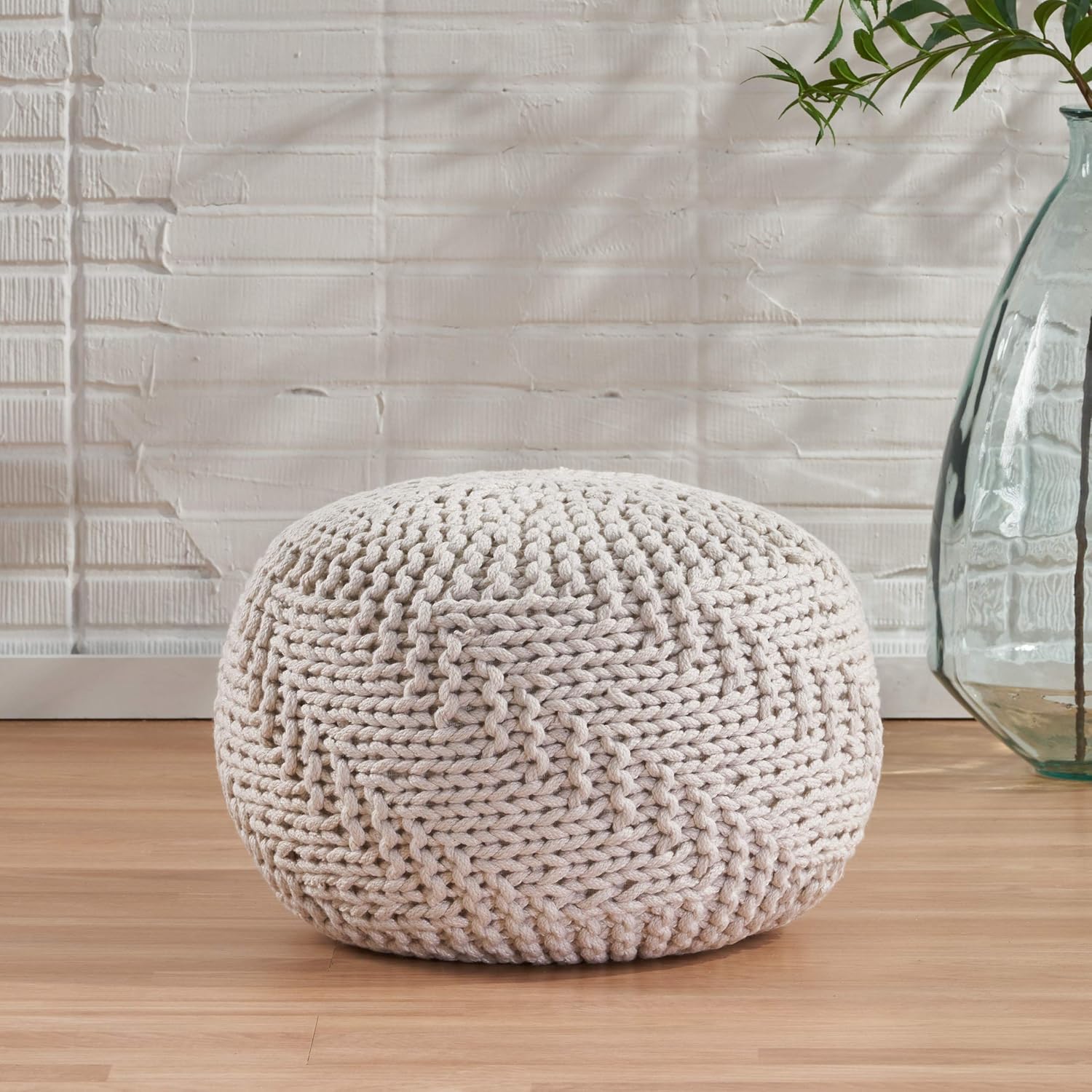 GDFStudio Haley – Puf moderno tejido de tela hecho a mano, color marfil
