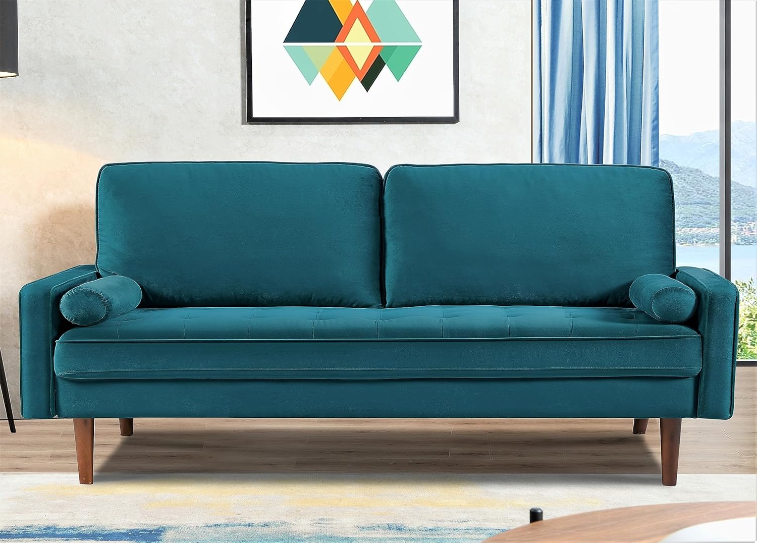 Sofá de terciopelo de 70 pulgadas para sala de estar, estilo clásico de mediados de siglo con silueta moderna, acolchado de botones y patas de