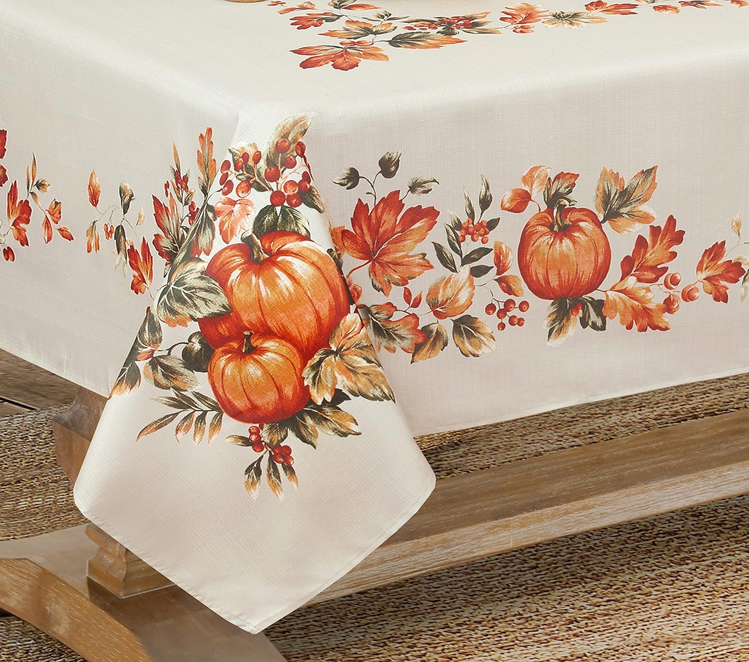 Mantel de Acción de Gracias Traditions con borde de cosecha de otoño, hojas de otoño y parche de calabaza, mantel de tela de fácil cuidado, 52 x 52