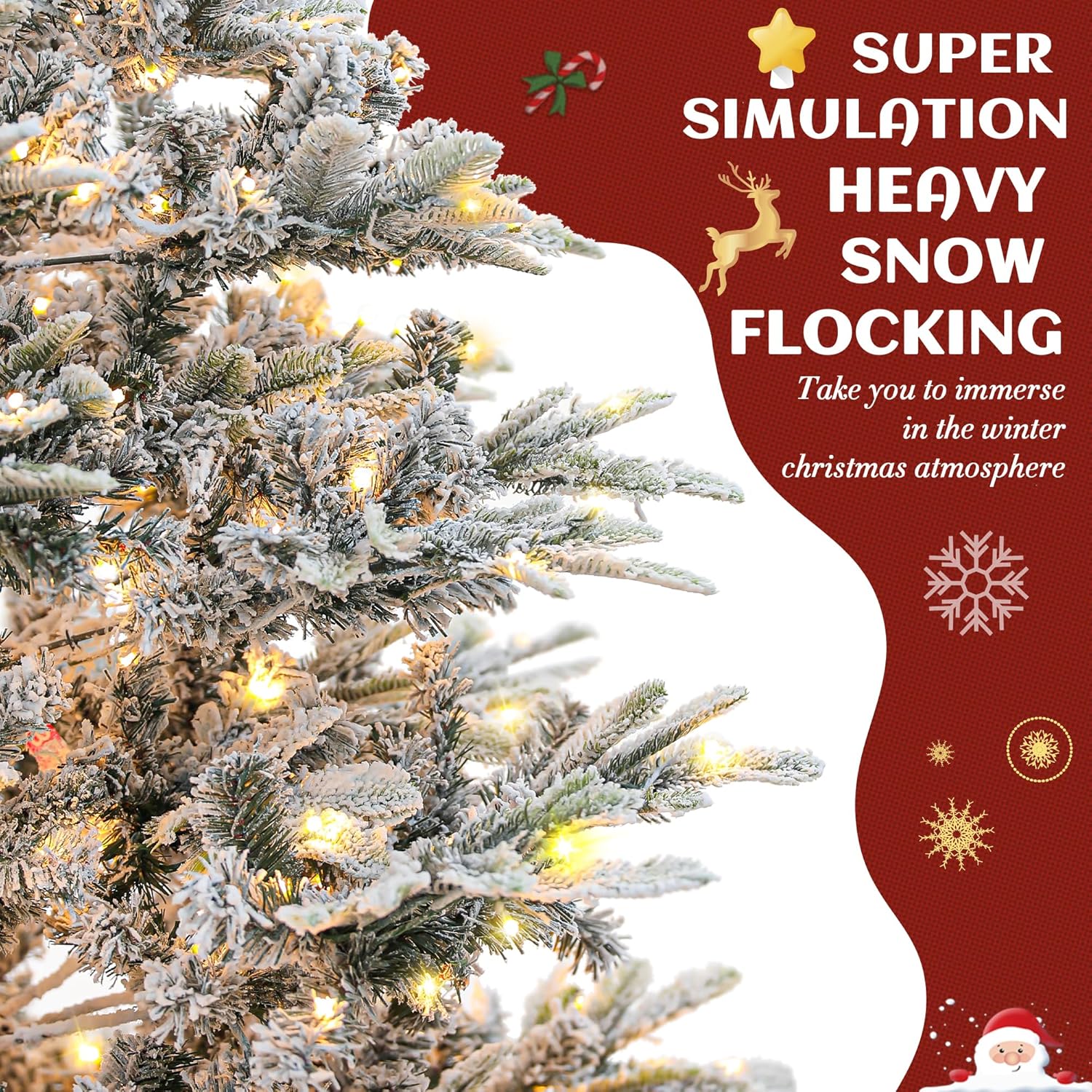 Prelit Árbol de Navidad flocado de 6 pies de pino artificial con 400 luces LED blancas cálidas para decoración de Navidad