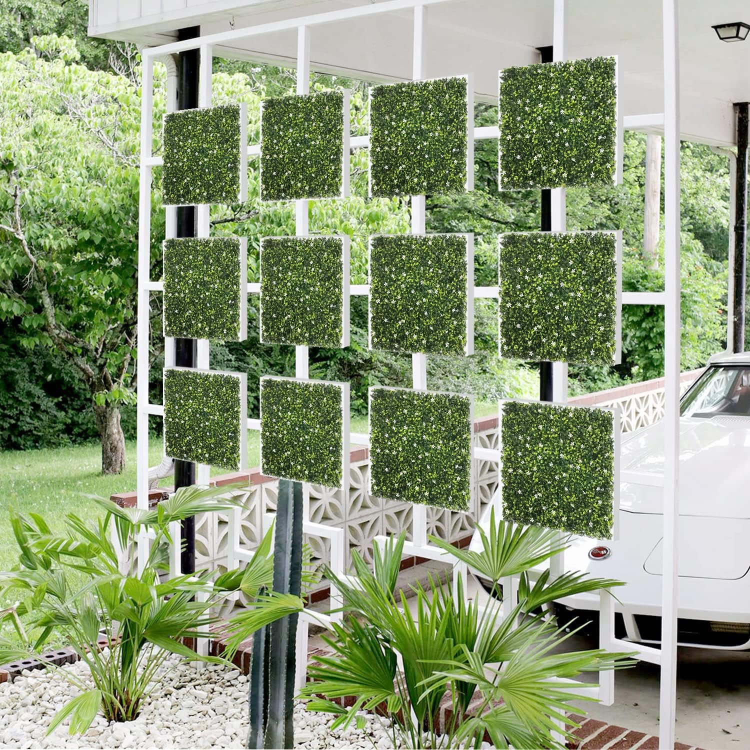E&K Panel de valla de plantas artificiales de 20 x 20 pulgadas, hojas sintéticas, césped, panel de privacidad para interiores y exteriores (jazmín