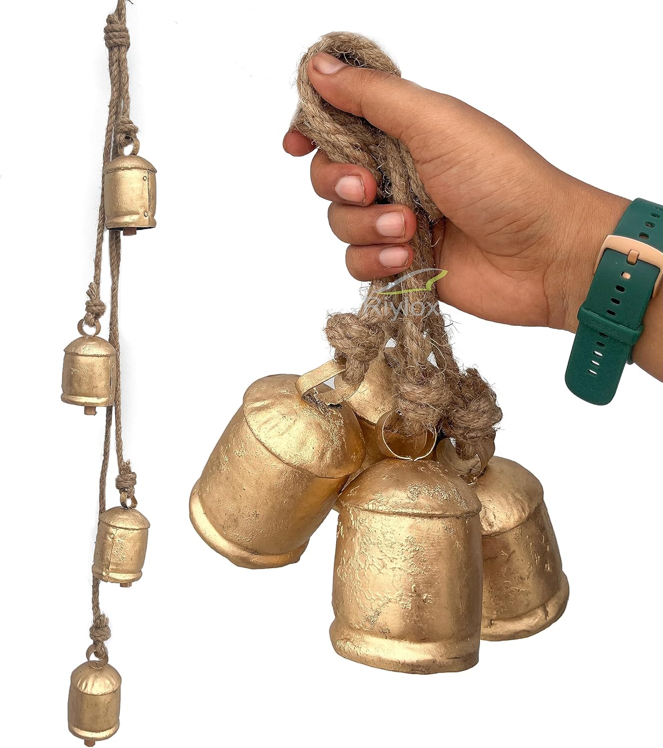 Riylox Shabby Chic – Juego de 4 campanas decorativas de metal para colgar en la meditación tibetana con cuerda de yute, vintage, hechas a mano,