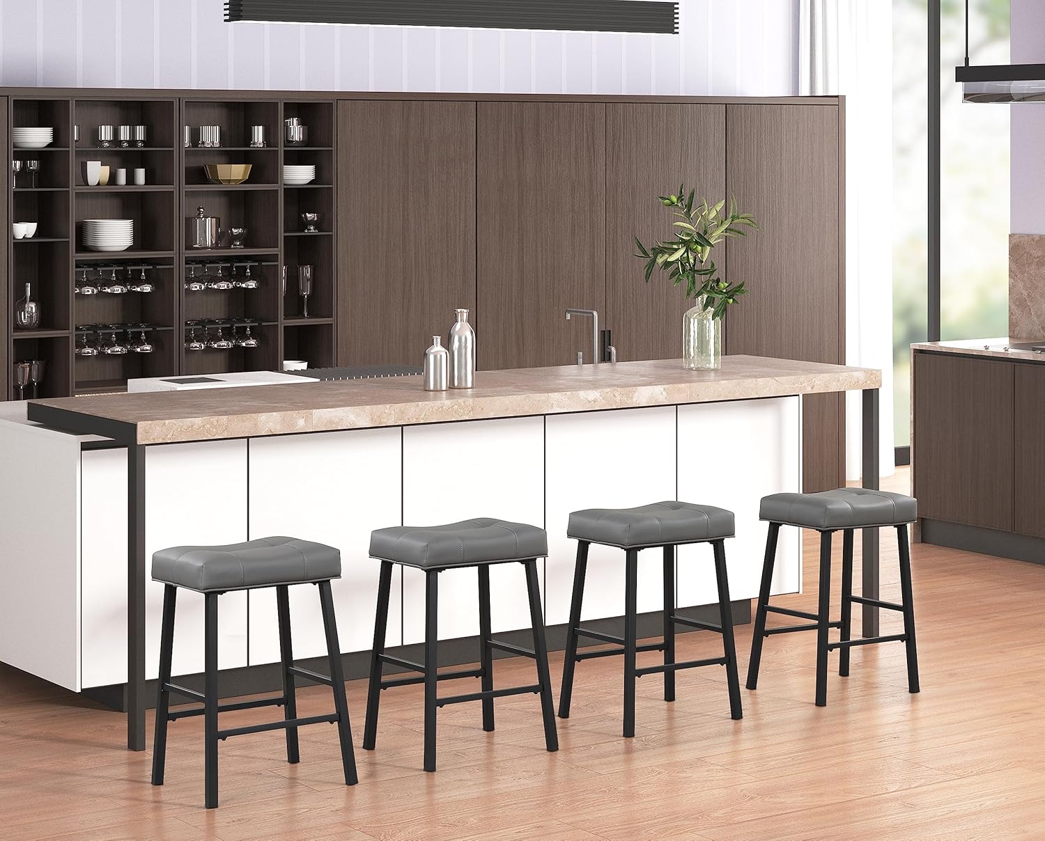 Taburetes de bar grises de 24 pulgadas, taburetes de altura de mostrador con asiento tapizado acolchado para desayuno, isla de cocina, bar en casa,