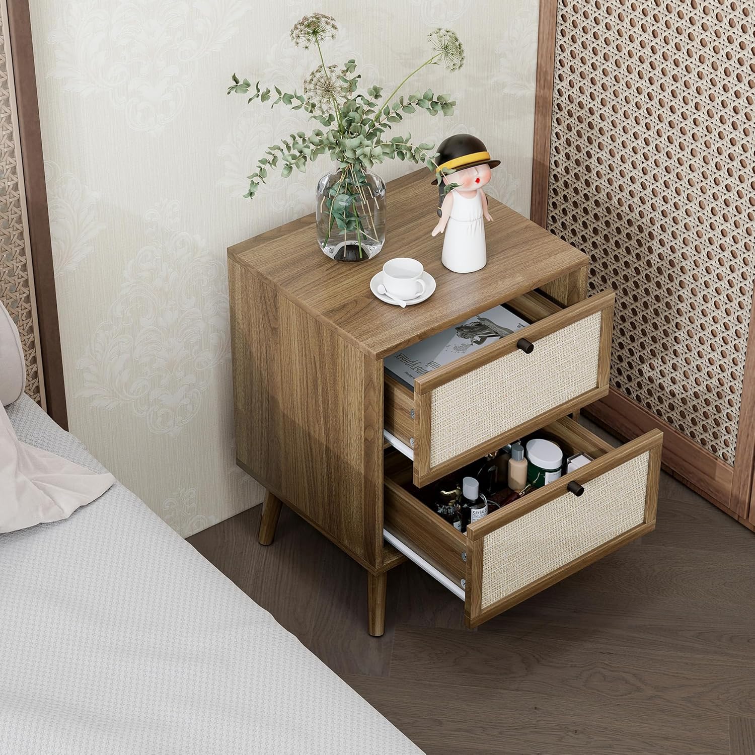 Juego de 2 mesitas de noche de ratán, mesa auxiliar de ratán con 2 cajones decorados a mano, mesa decorativa de madera con 2 cajones de