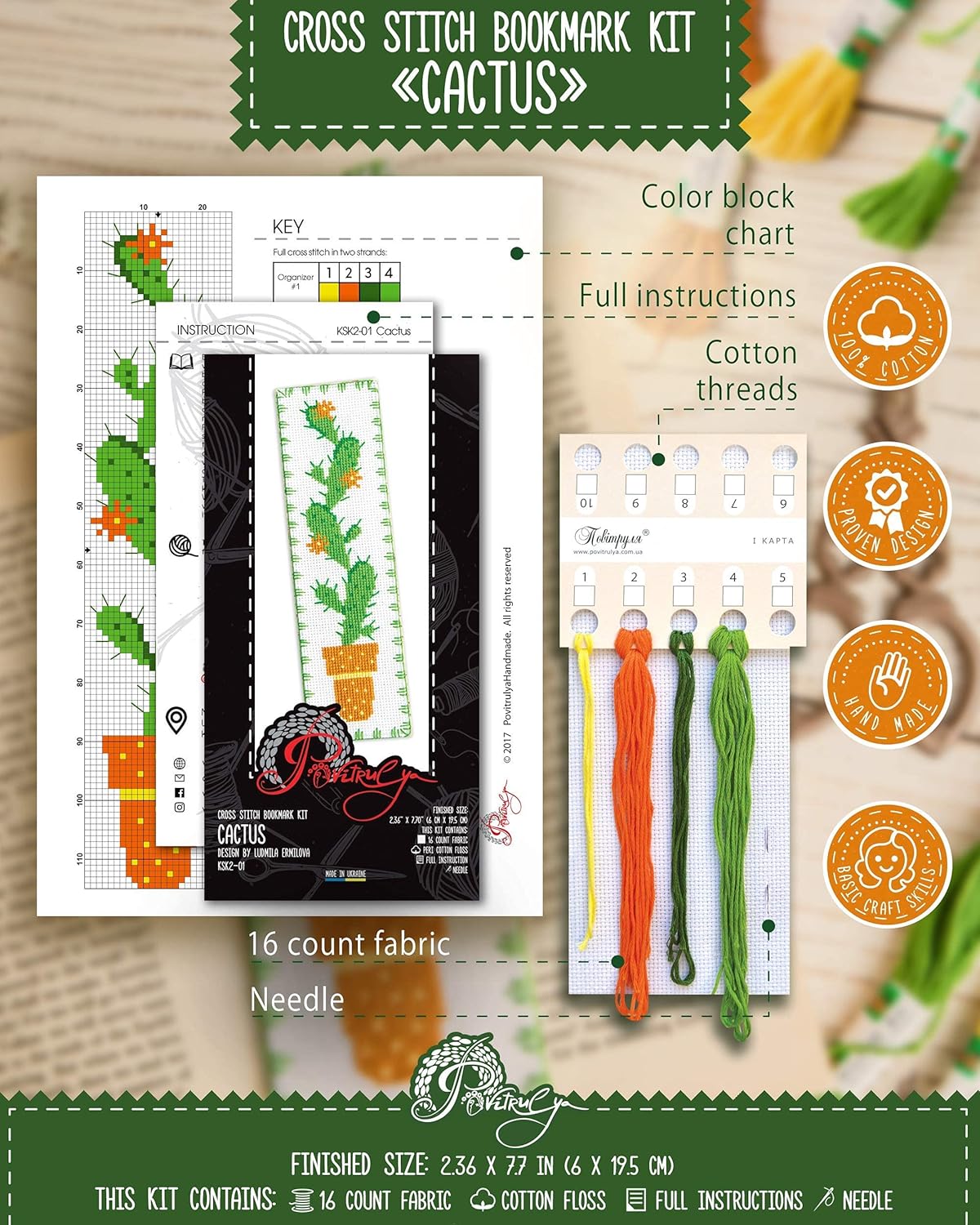 Povitrulya Kits de punto de cruz para adultos o niños “Cactus”  Divertido kit de marcador de bricolaje bordado a mano