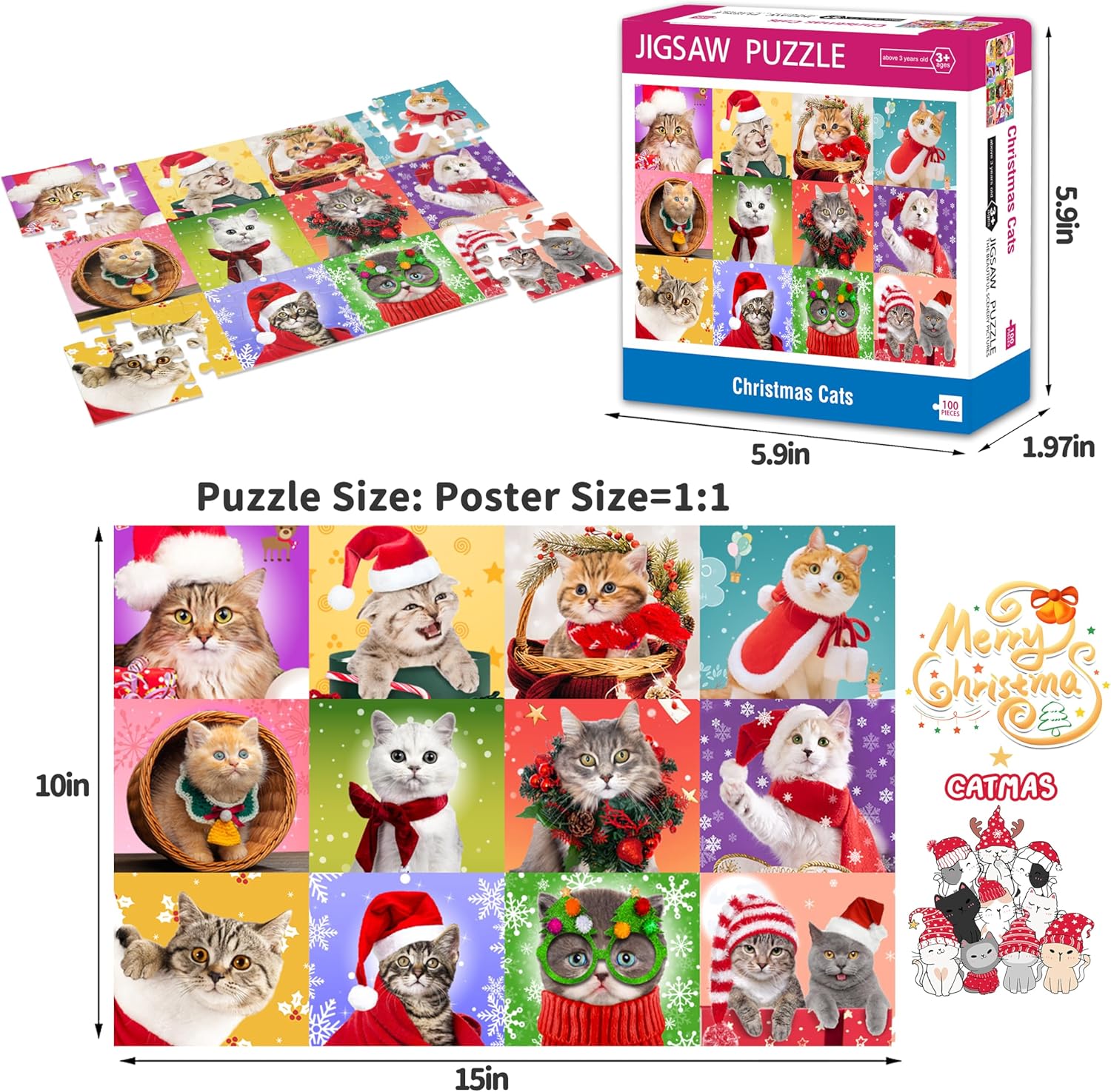 Rompecabezas de Navidad de 100 piezas para niños, gatos de Navidad, rompecabezas multicolor para niños de 4 a 8 años, 3 a 5 y 8 a 10 años, juguetes