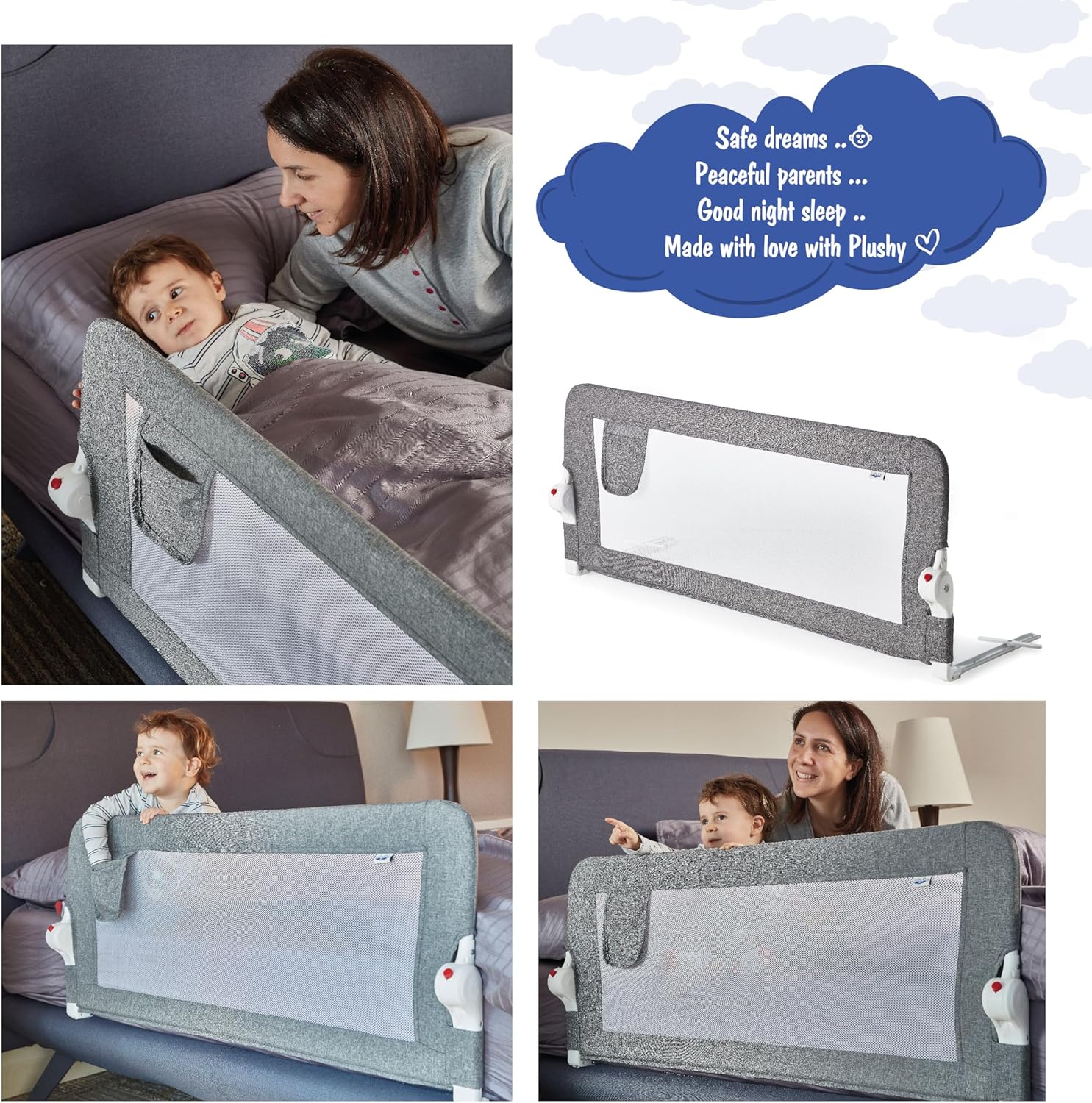Plushy Kids Paquete de 2 rieles de cama para niños pequeños, plegables y extralargos, protector de riel de seguridad para cuna con anclaje