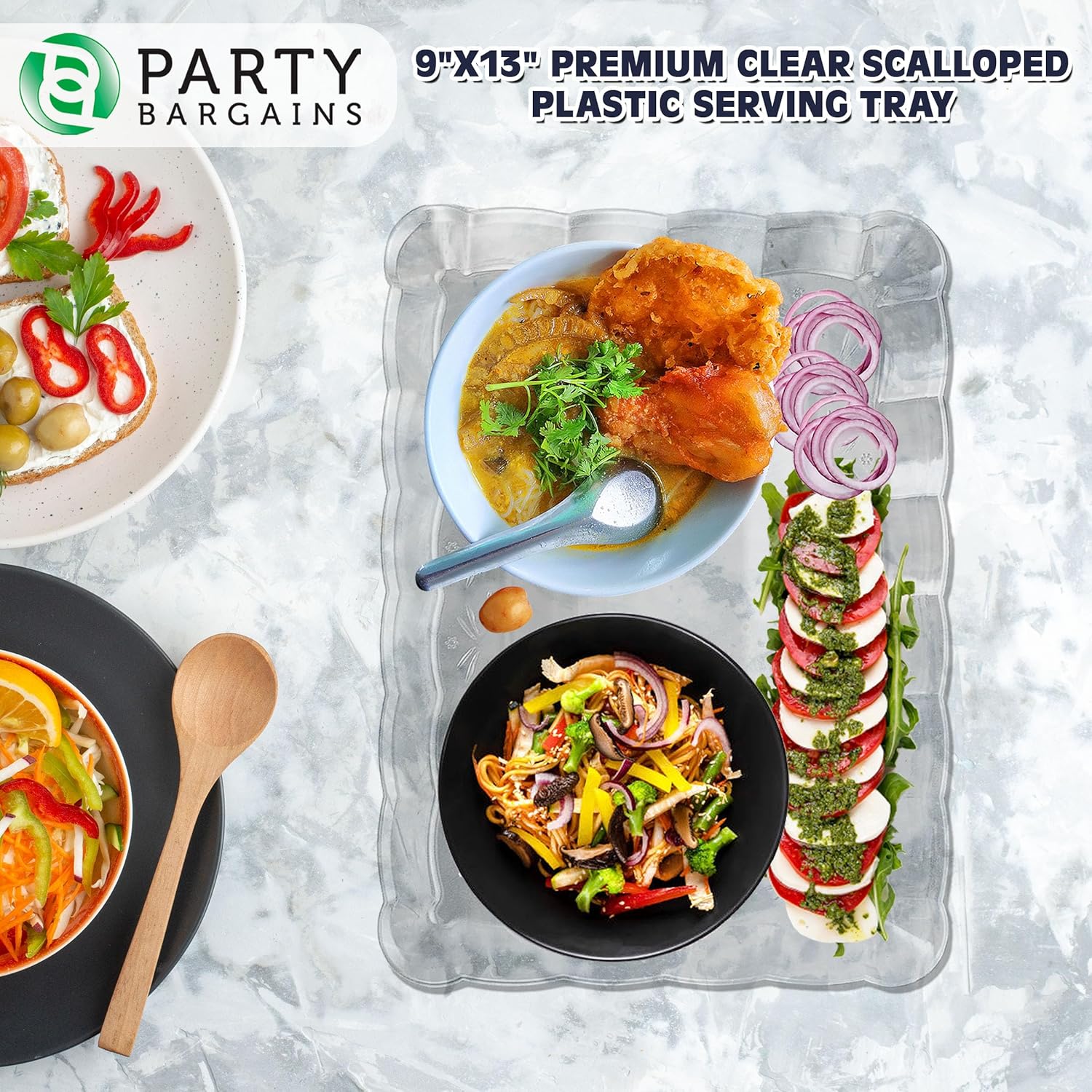 Party Bargains Bandeja de plástico para servir, 9 x 13 pulgadas, paquete de 8 platos transparentes festoneados, bandeja rectangular desechable para