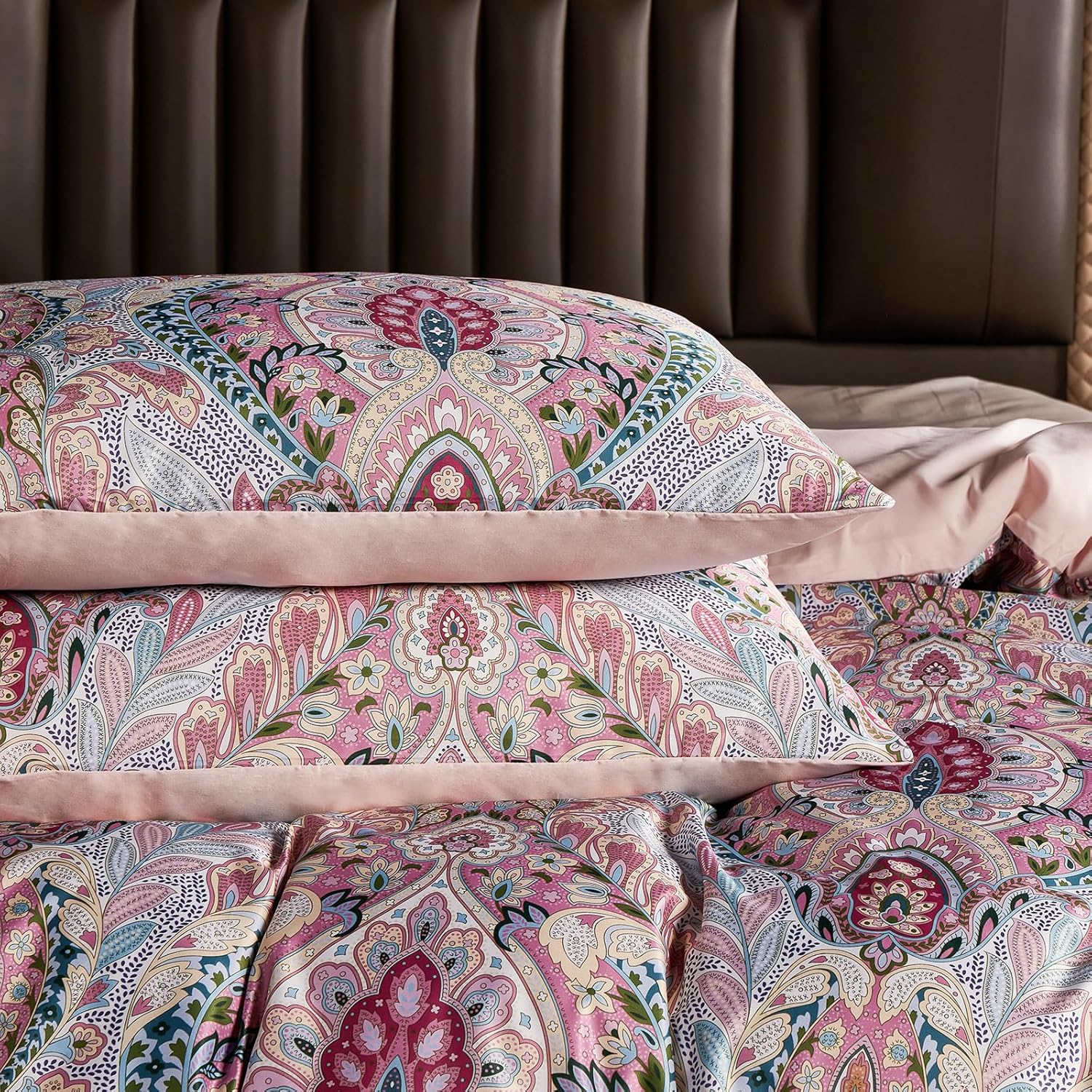 Jemiipee Juego de edredón de cachemira rosa, juego de ropa de cama de 3 piezas, lujoso, suave, bohemio, floral, tamaño King, juego de edredón