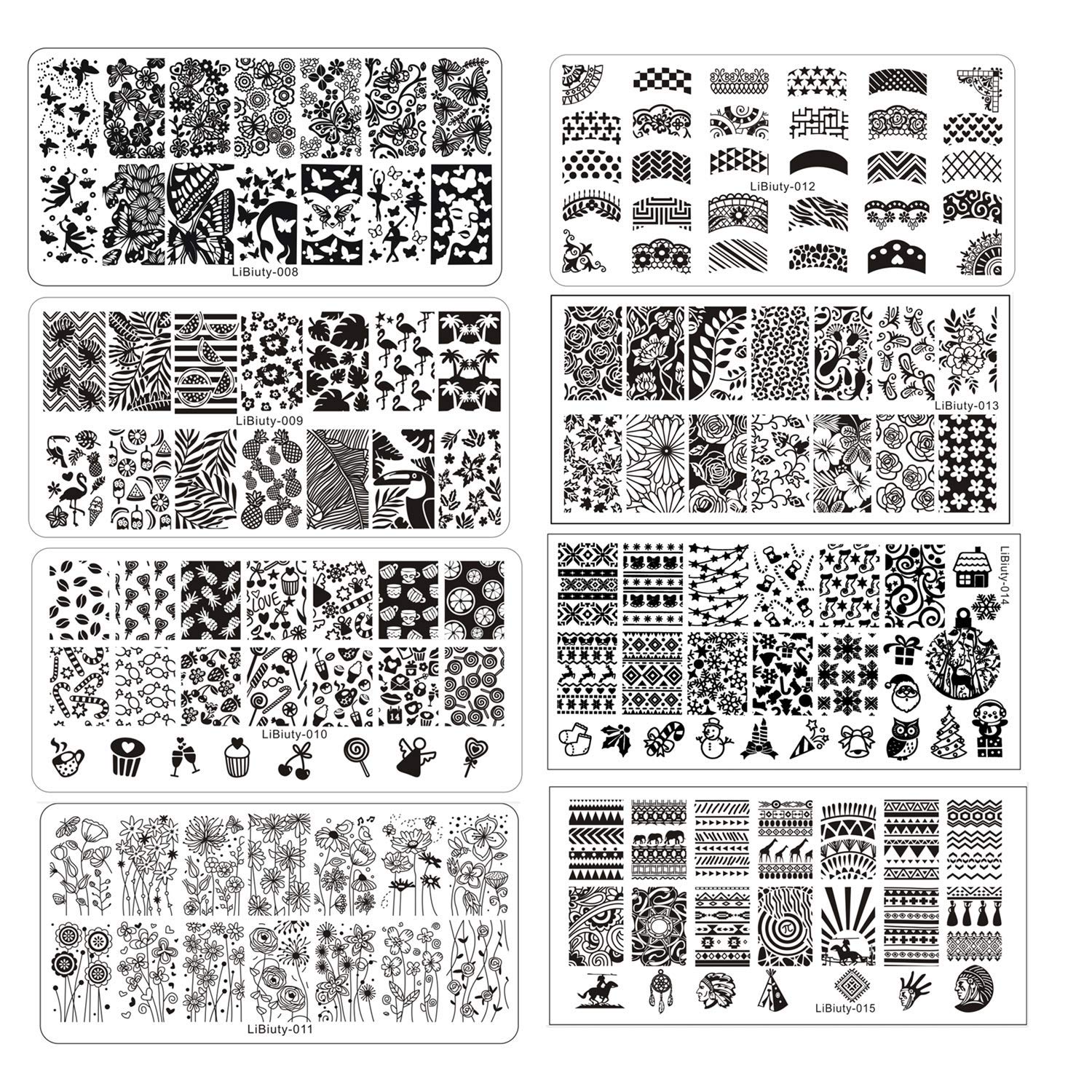 15 plantillas de arte de uñas, placa de estampación, geometría, encaje, flor, animal, fruta, vacaciones, patrón, placas, bricolaje, juego de arte de