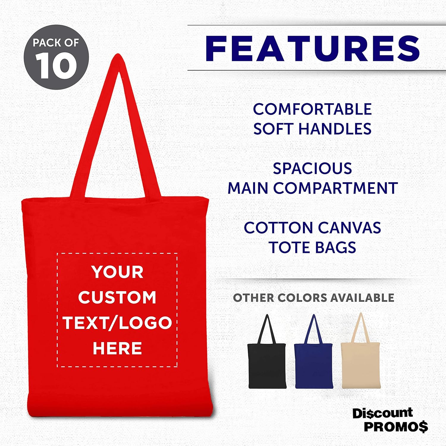 DISCOUNT PROMOS Juego de 10 bolsas de lona de algodón personalizadas, reutilizables, ideales para ir de compras, comestibles, playa, picnic,