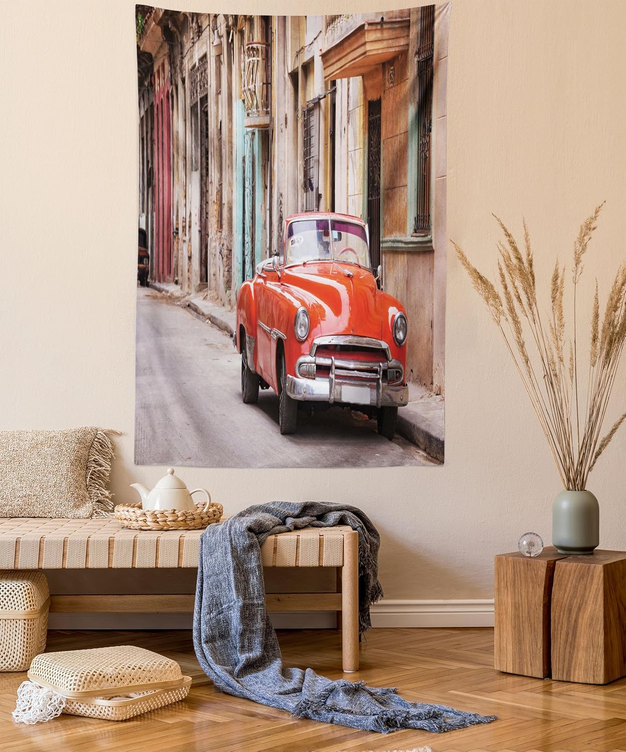 Ambesonne Tapiz de autos, auto americano clásico en una calle con casas Caribbean Havana Cuba, colgante de pared para dormitorio, sala de estar,