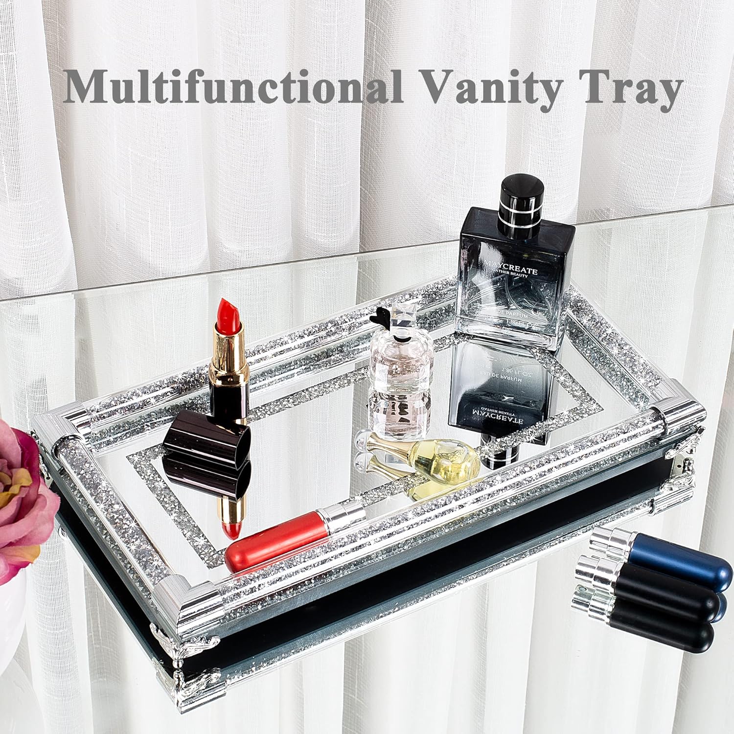 SHYFOY Bandeja de tocador de perfume de espejo plateado de 12.5 pulgadas, bandeja decorativa de cristal triturado, bandeja decorativa rectangular de