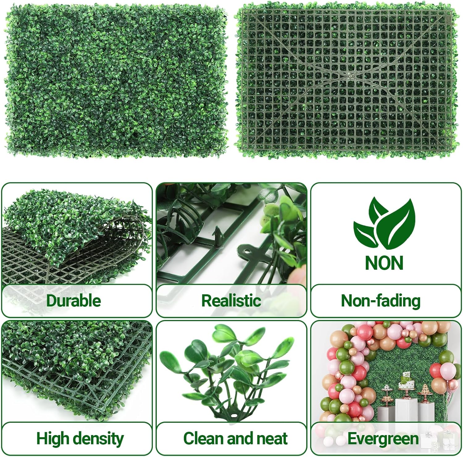 ZXMOTO Paneles de seto de boj artificiales, 12 piezas de 24 x 16 pulgadas, lujosos paneles de pared de boj verde sintético de 425 puntadas para