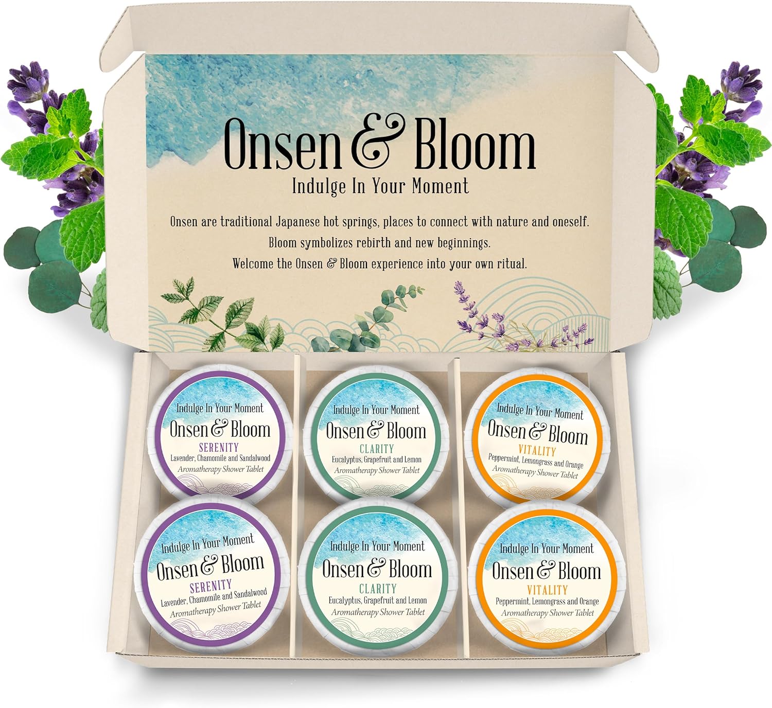 Onsen & Bloom Vaporizadores de ducha  Refrescantes bombas de ducha aromaterapia con aceites esenciales, caja de 6 vaporizadores de ducha, 2 tabletas