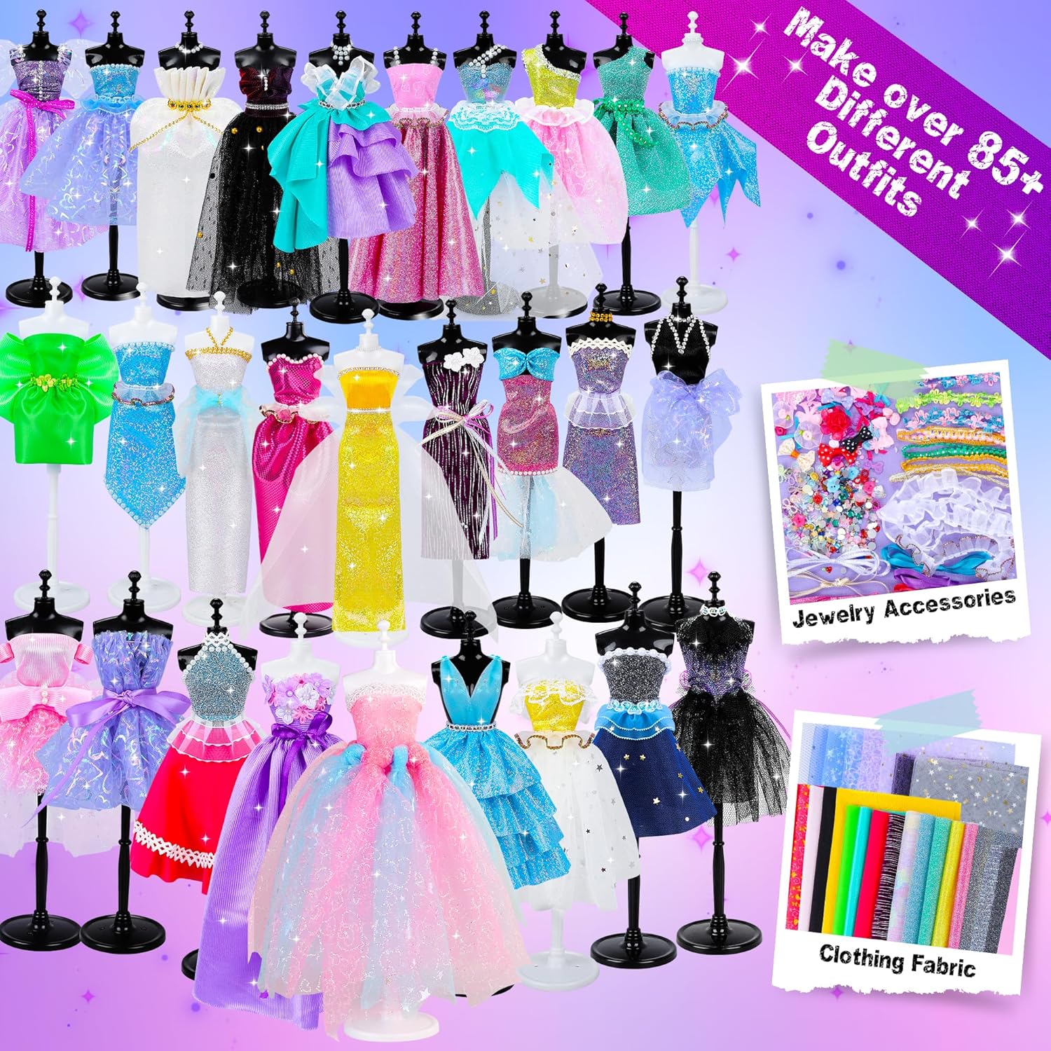 MINIFUN Kit de diseño de moda para niñas, kit de costura con 4 maniquíes, actividades de arte y manualidades para niños, kit de fabricación de ropa