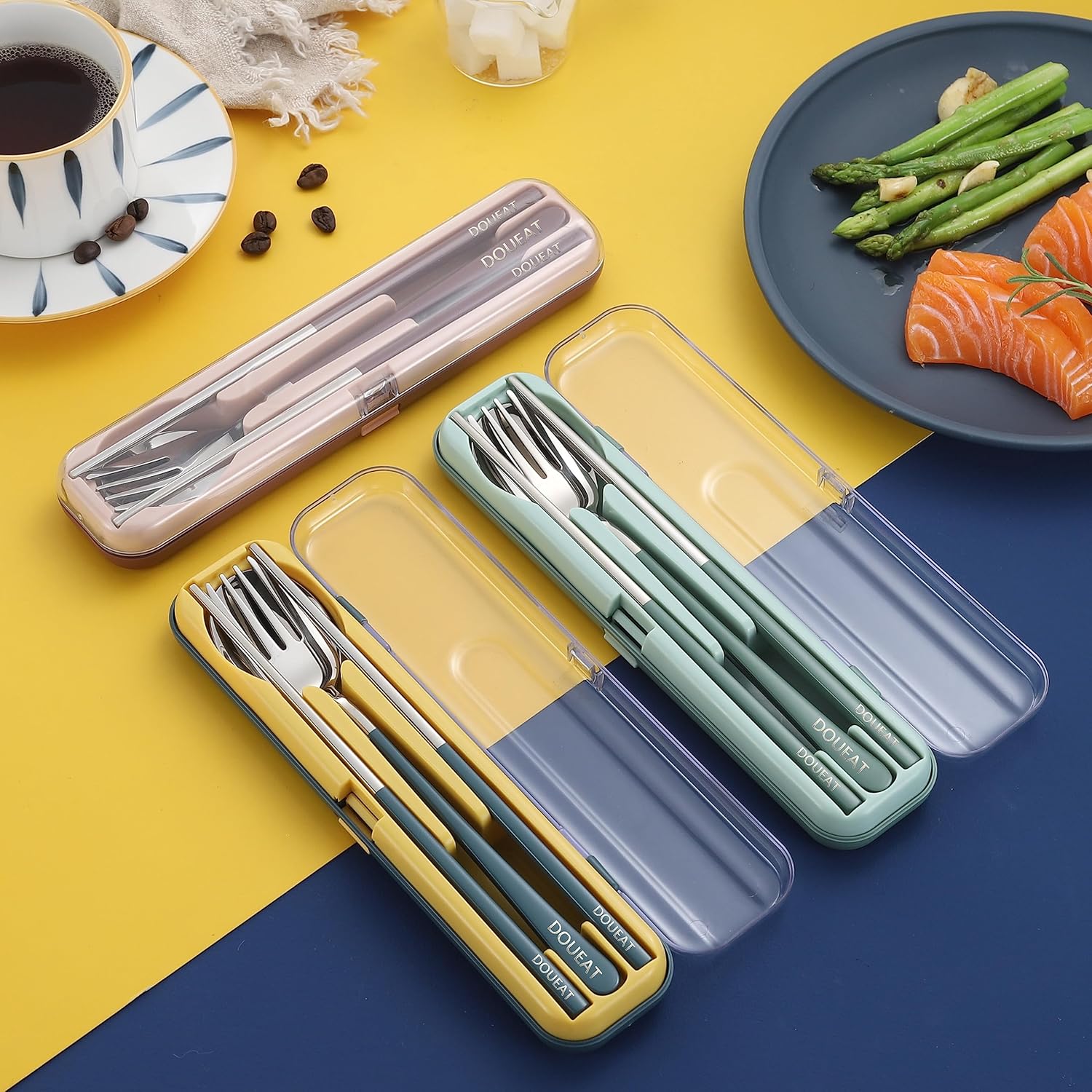 Juego de utensilios portátiles con tenedor, cuchara, palillos cubiertos reutilizables de acero inoxidable para viajes, camping, escuela, oficina,