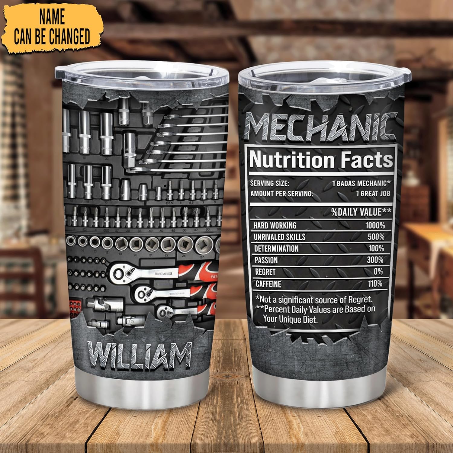 Hyturtle Regalos de mecánico personalizados para hombres, datos nutricionales del mecánico, vasos de acero inoxidable con nombre, taza de café de 20