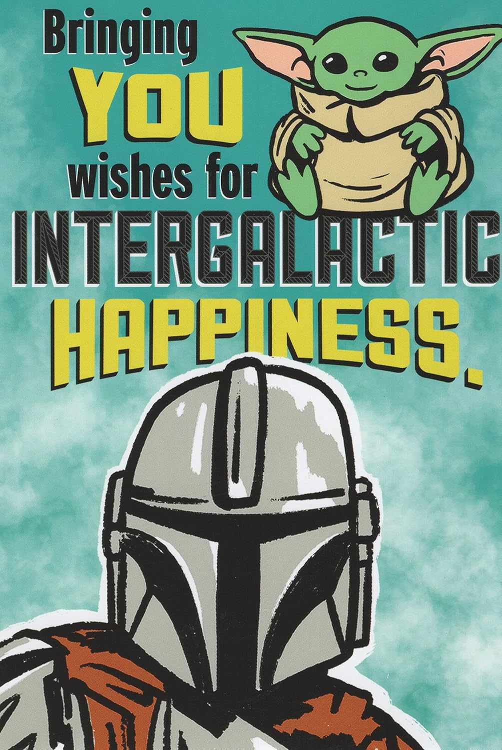 Star Wars The Mandalorian – Tarjeta de feliz cumpleaños con Baby Yoda y Boba Fett, te trae deseos de felicidad intergaláctica. O como decimos en