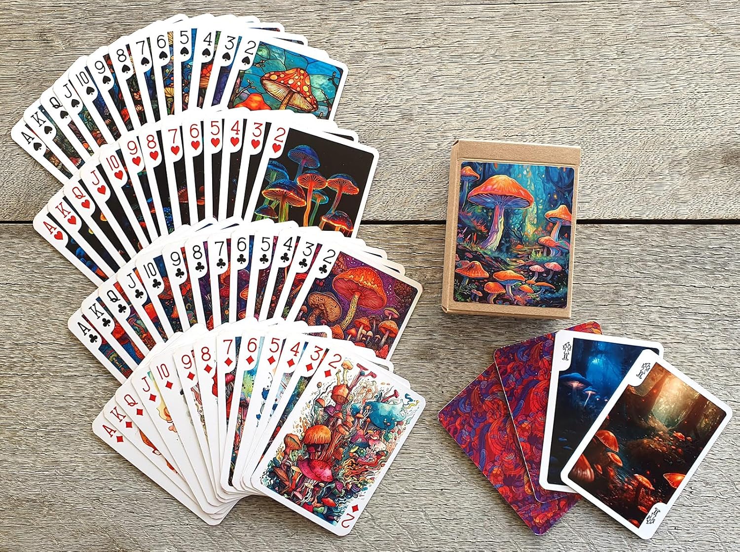 Funky Mushrooms Playing Cards (Poker Deck 54 Cartas Todas Diferentes) Vidrio Psicodélico Manchado Arte Bioluminiscente Cool Setas Vintage Ilustración
