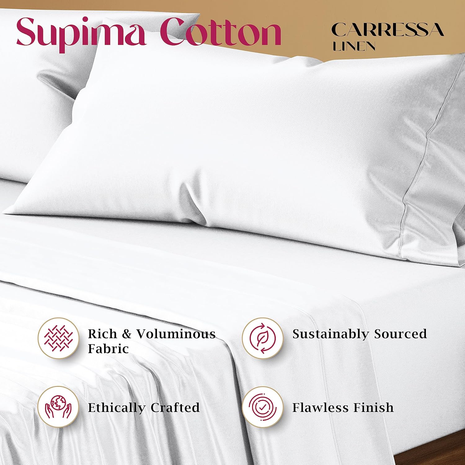 Carressa Linen Sábanas de lujo 100% algodón Supima, sábanas de algodón premium de 1200 hilos para cama tamaño Queen, juego de sábanas blancas de 4