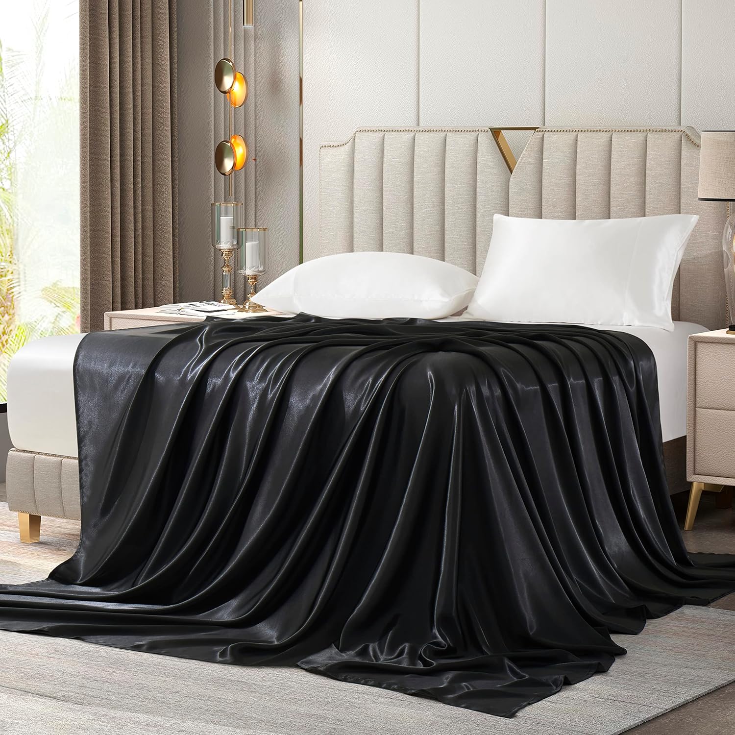 Sábana encimera de satén tamaño King, lujosa y sedosa sábana de cama suave, color negro